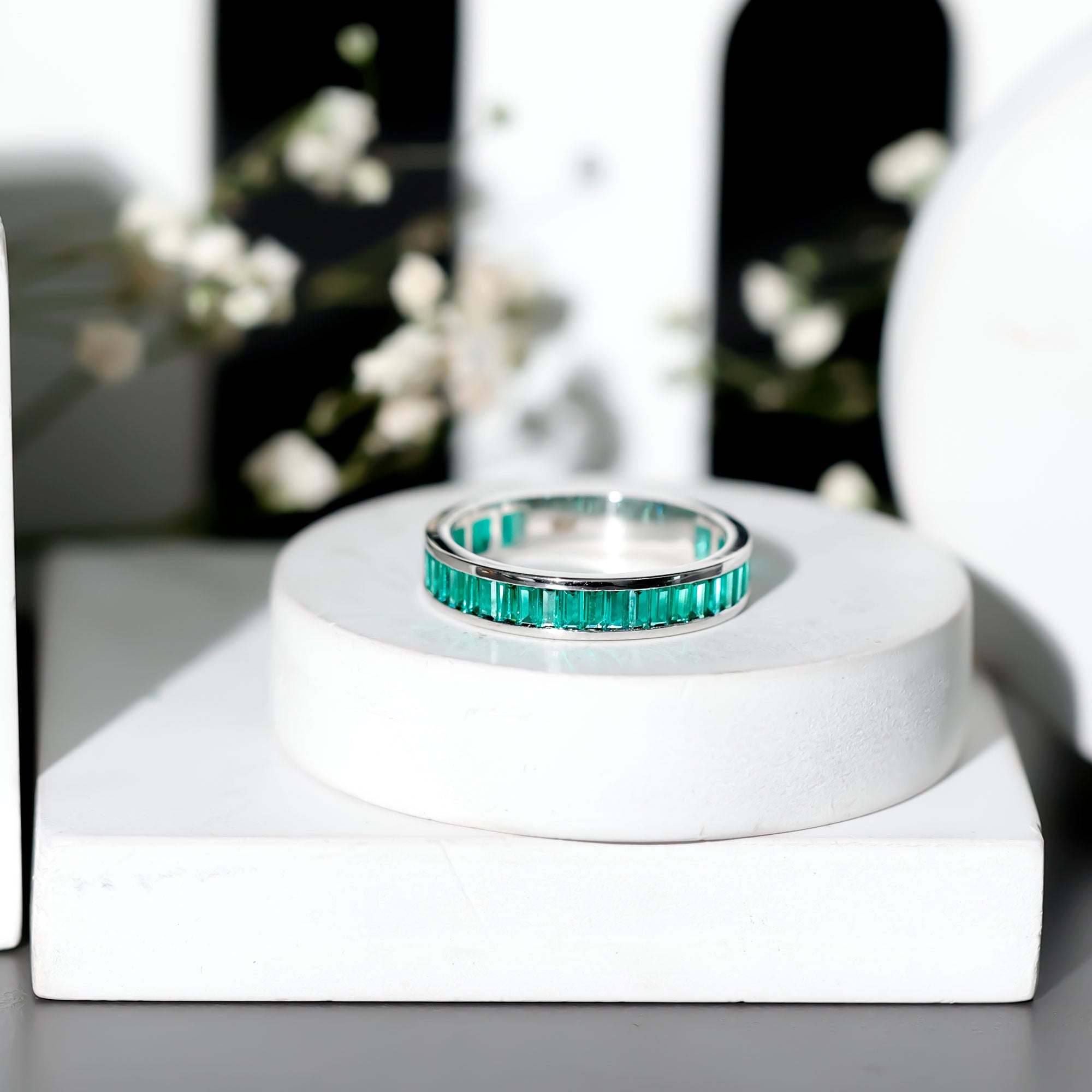 Channel Set Baguette Cut Created Emerald Eternity Band Ring AAAA - Rosec Jewels