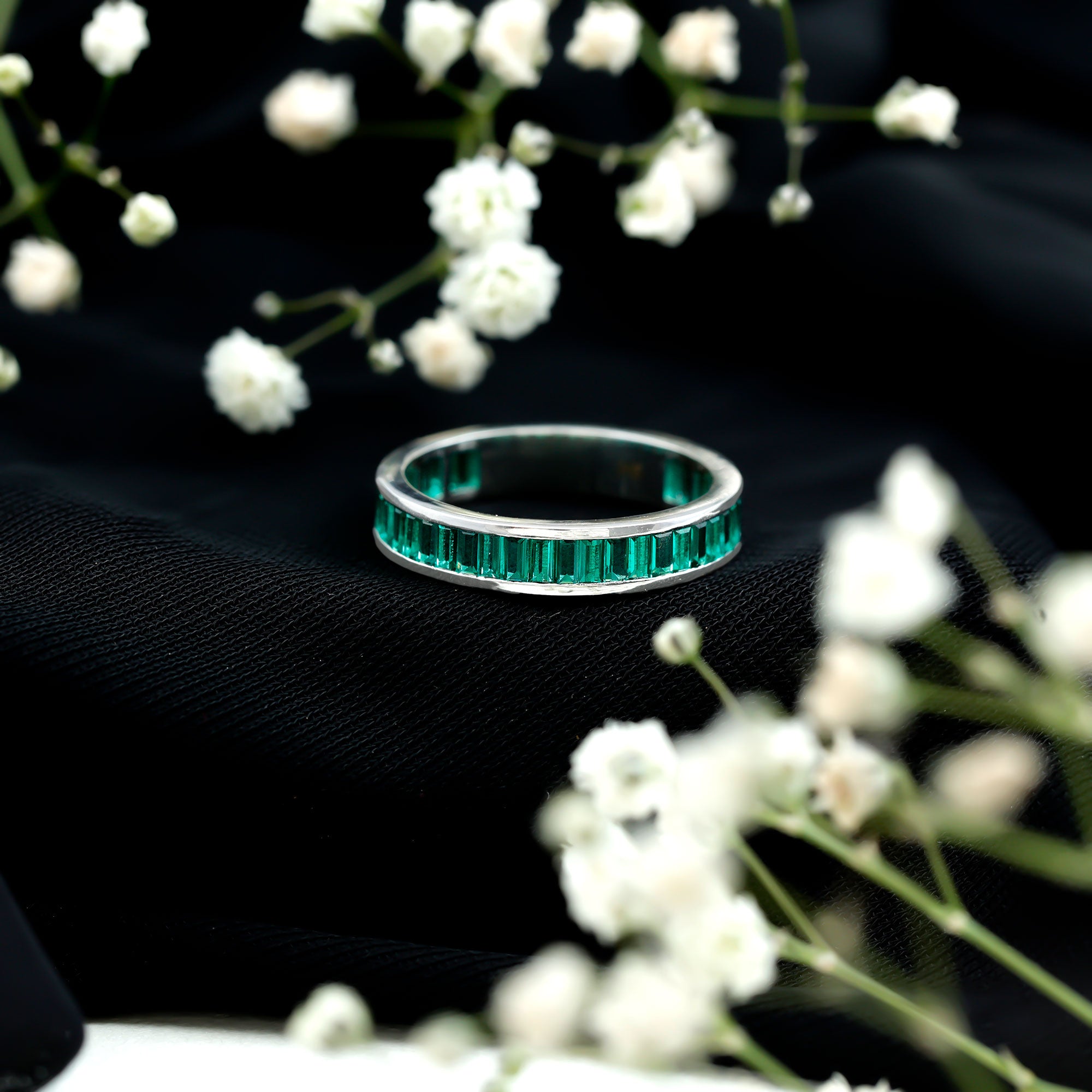 Channel Set Baguette Cut Created Emerald Eternity Band Ring AAAA - Rosec Jewels