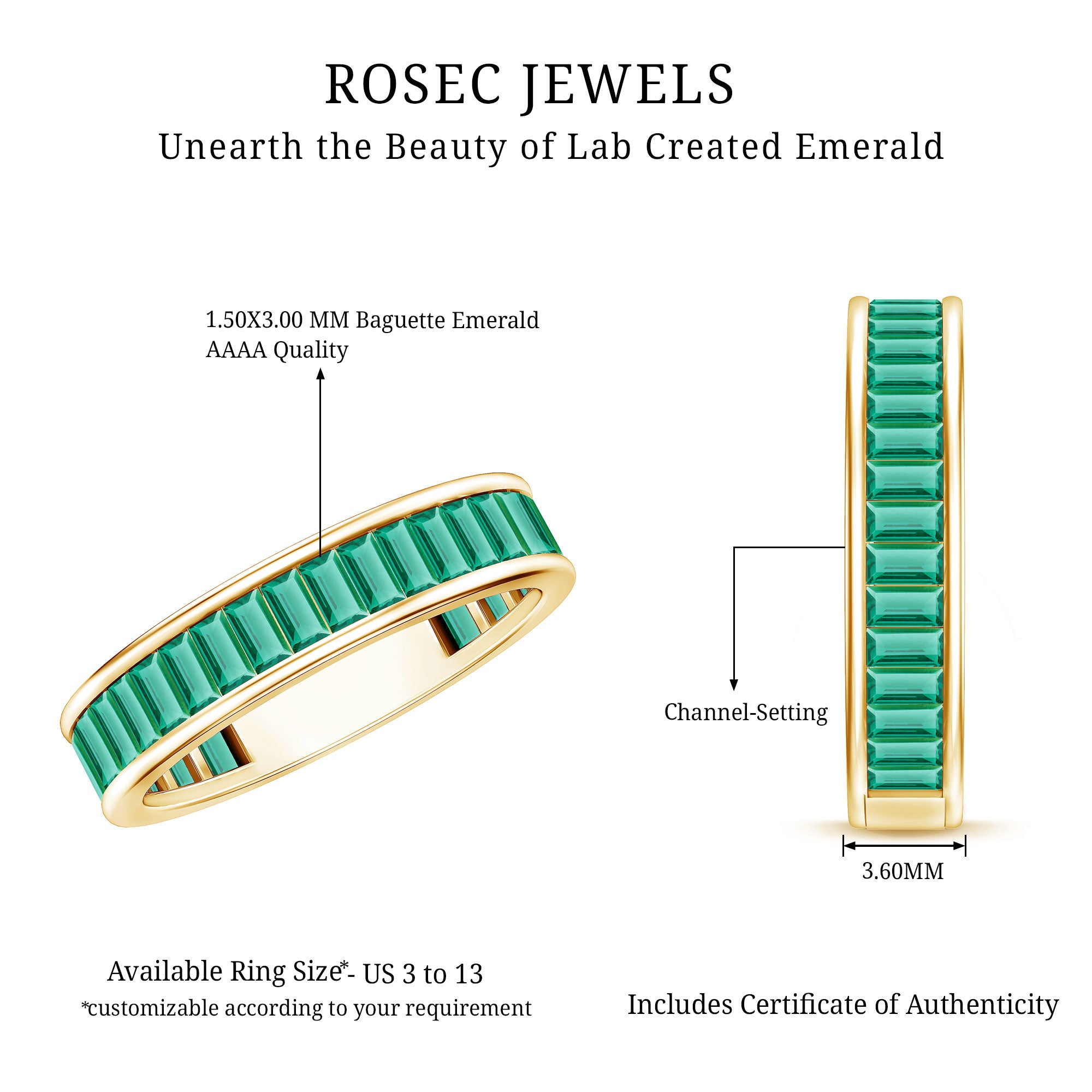 Channel Set Baguette Cut Created Emerald Eternity Band Ring AAAA - Rosec Jewels