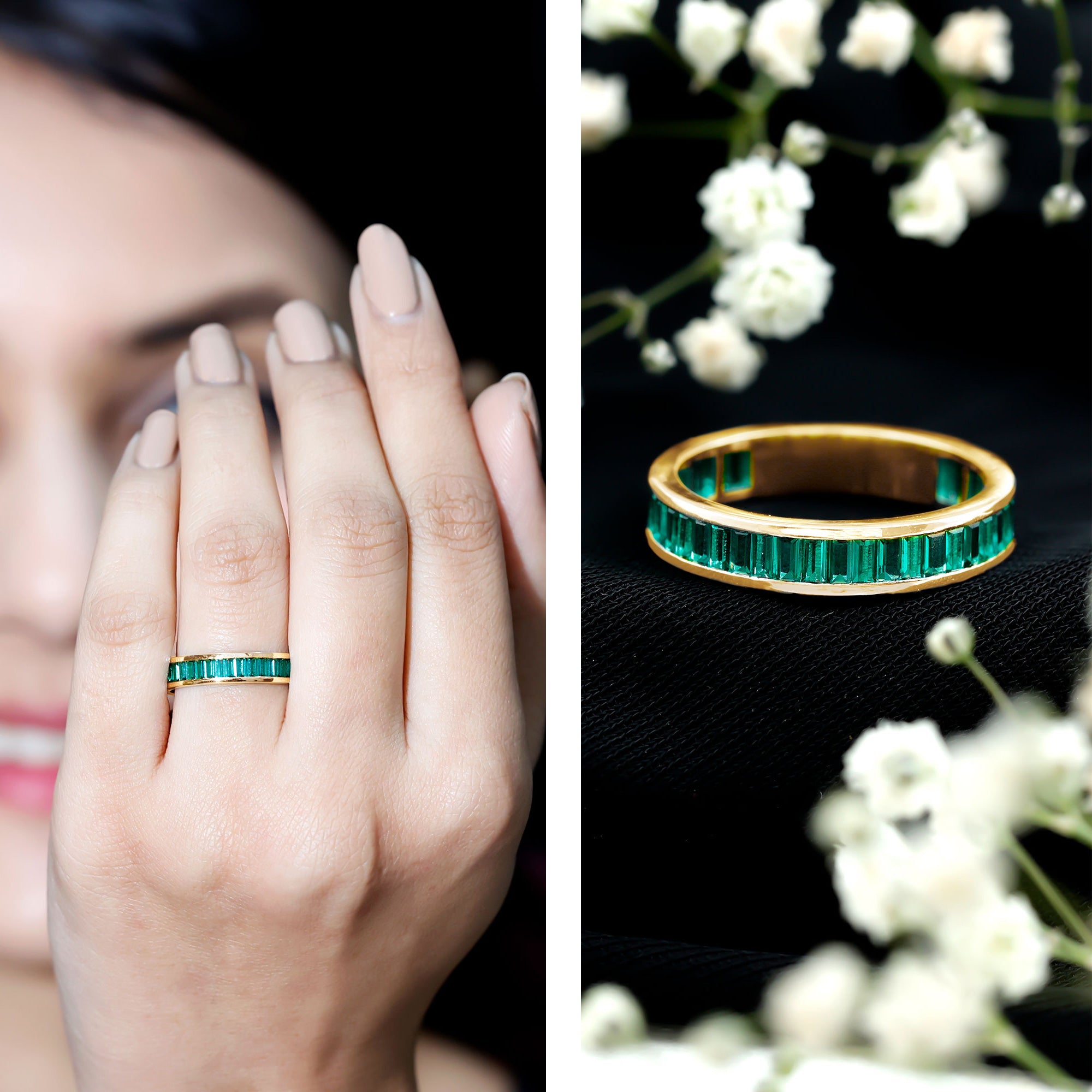 Channel Set Baguette Cut Created Emerald Eternity Band Ring AAAA - Rosec Jewels