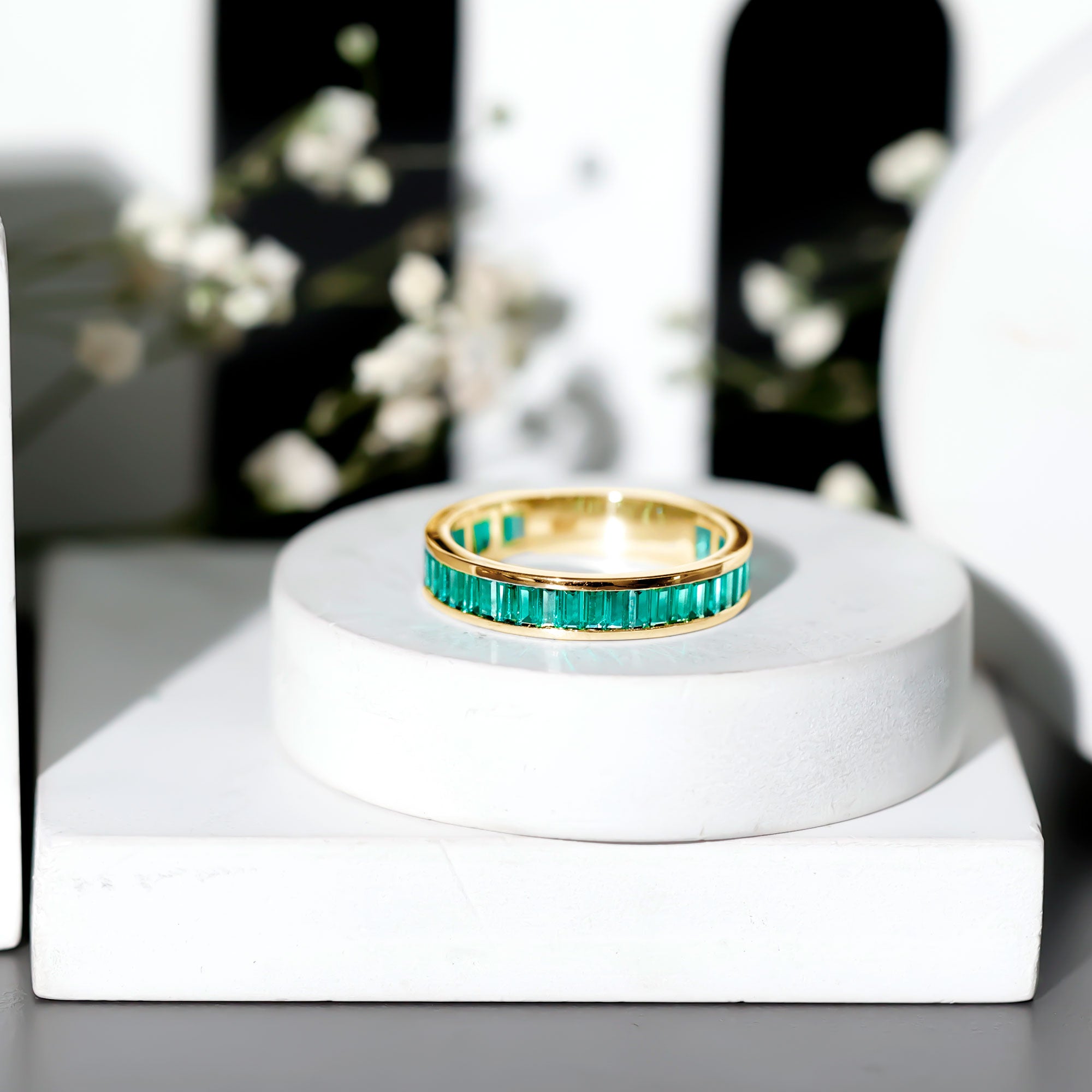 Channel Set Baguette Cut Created Emerald Eternity Band Ring AAAA - Rosec Jewels