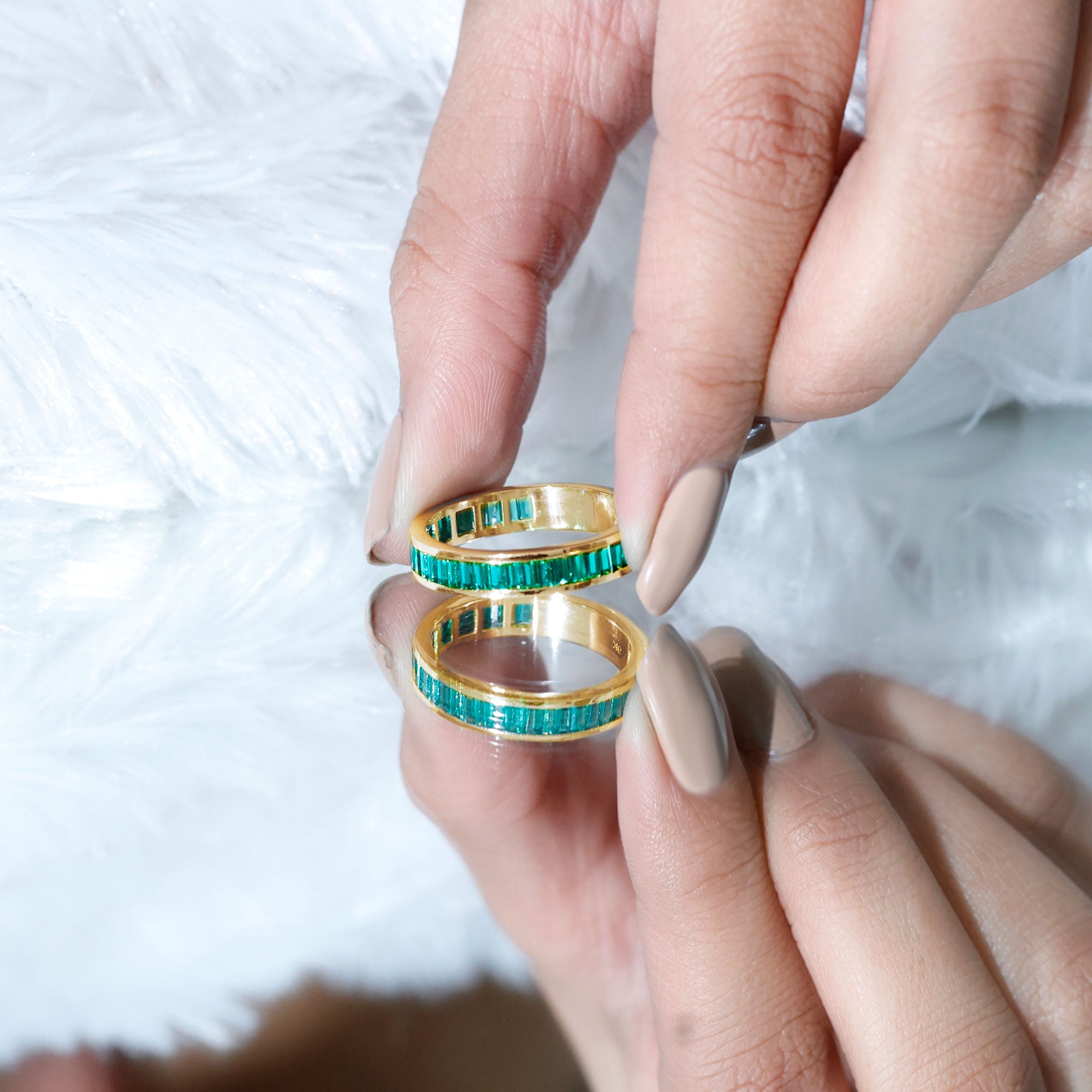 Channel Set Baguette Cut Created Emerald Eternity Band Ring AAAA - Rosec Jewels