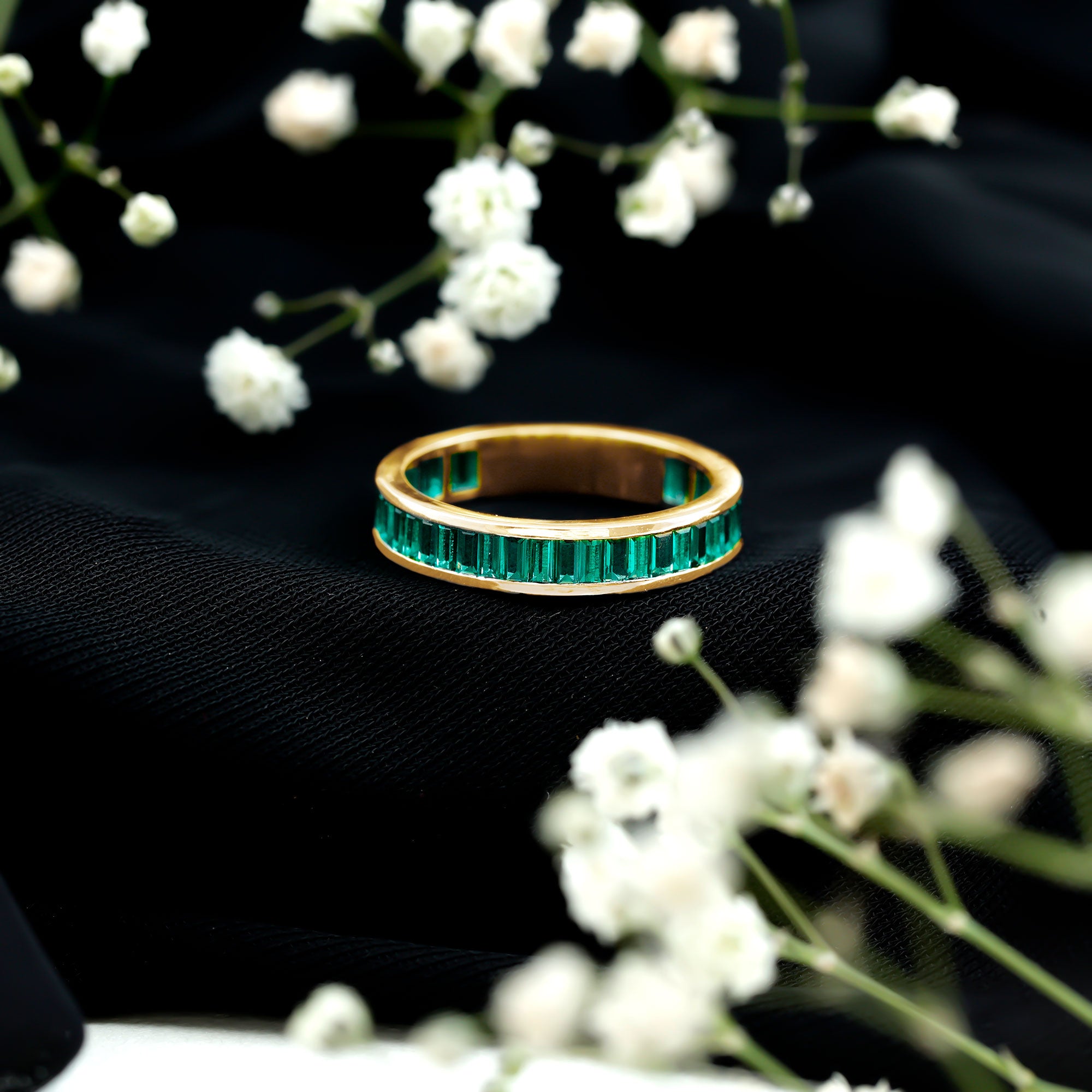 Channel Set Baguette Cut Created Emerald Eternity Band Ring AAAA - Rosec Jewels