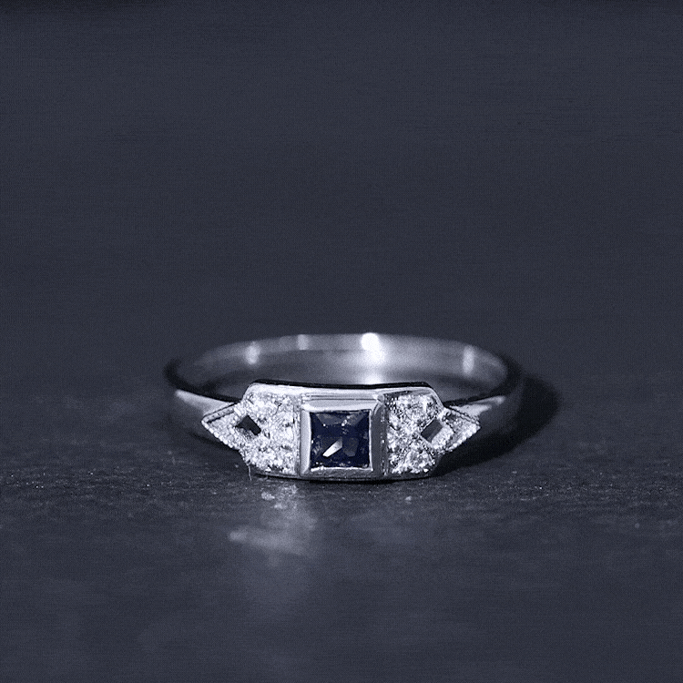 Art Deco Inspired Princess Cut Lab Grown Blue Sapphire Ring with Diamond AAAA - Rosec Jewels
