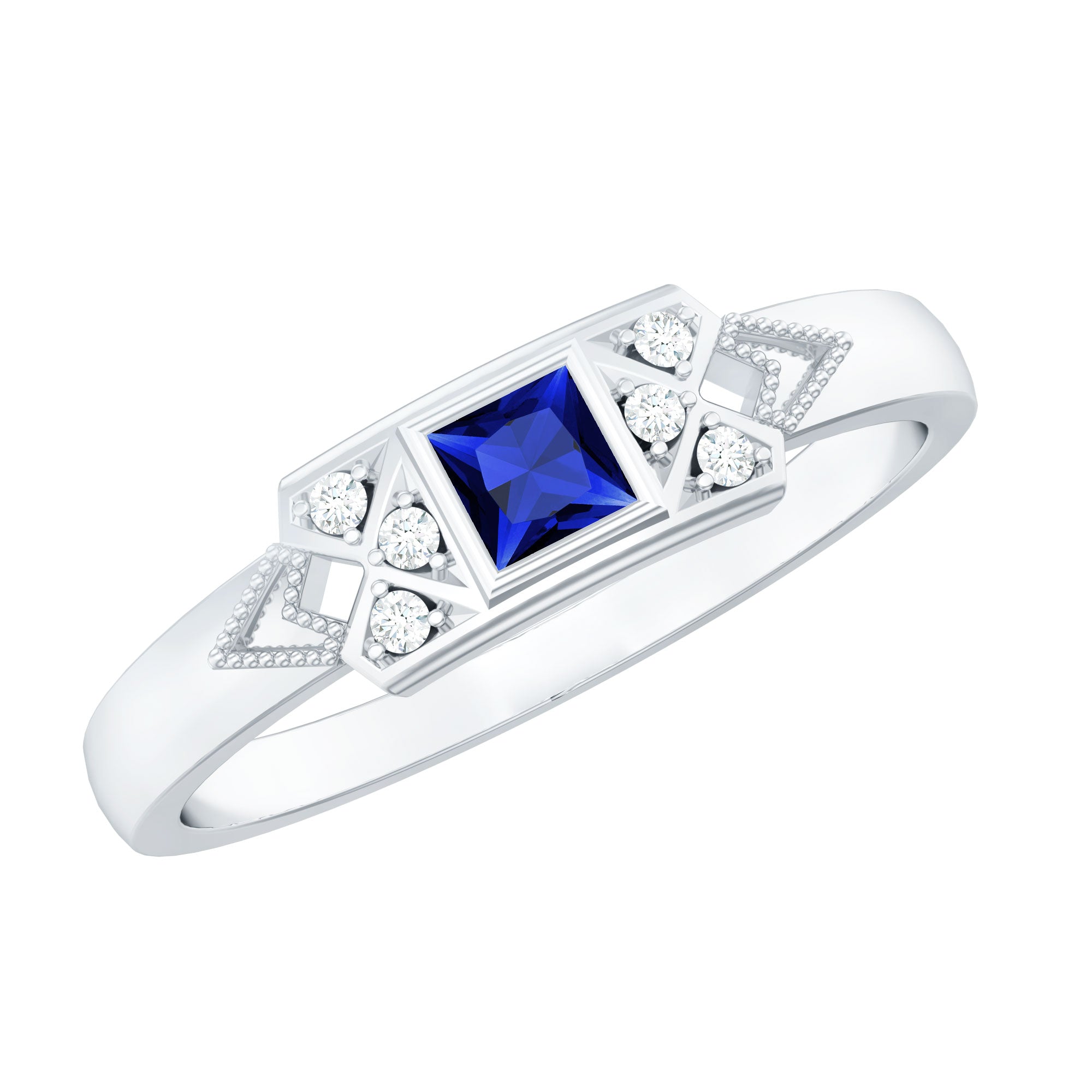 Art Deco Inspired Princess Cut Lab Grown Blue Sapphire Ring with Diamond AAAA - Rosec Jewels