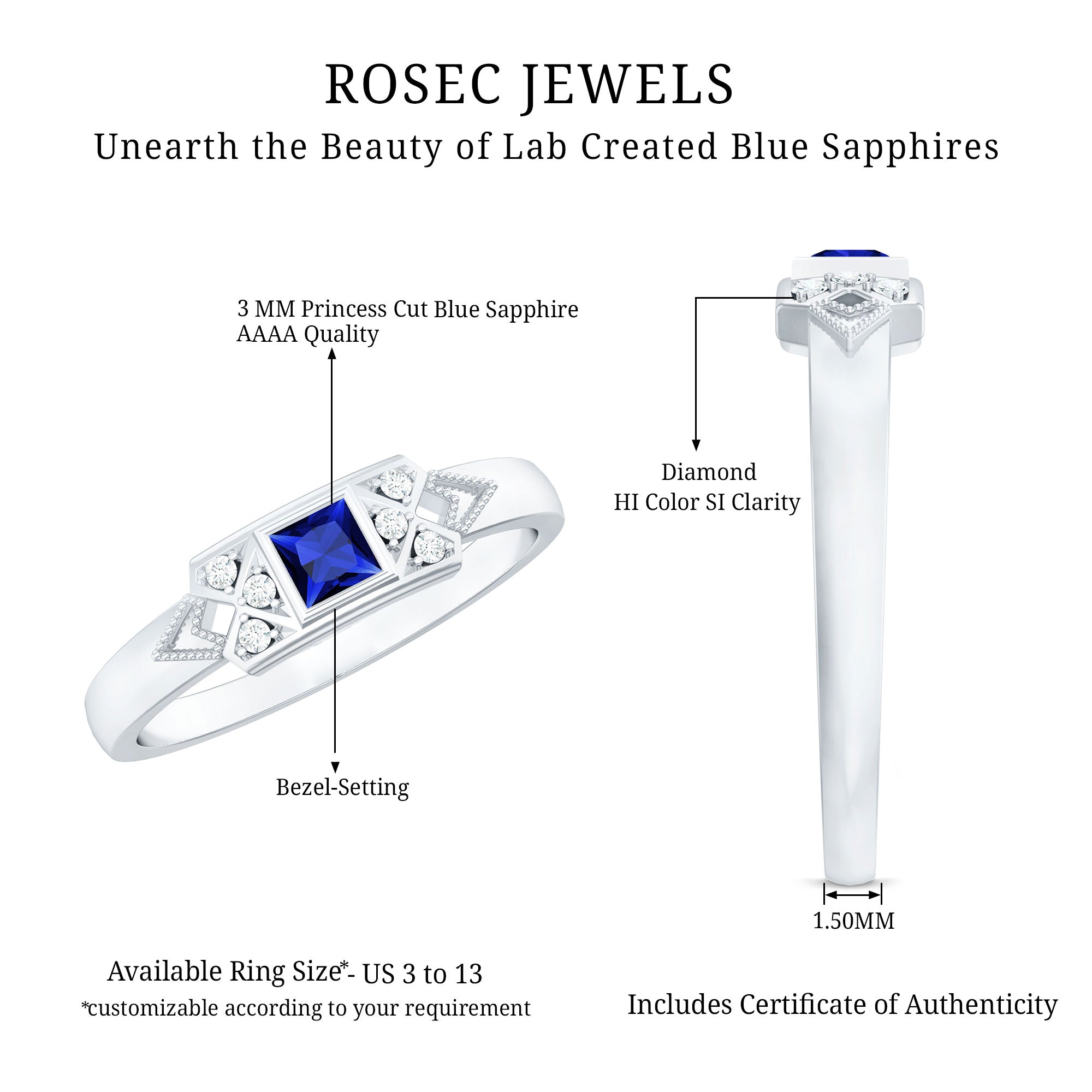 Art Deco Inspired Princess Cut Lab Grown Blue Sapphire Ring with Diamond AAAA - Rosec Jewels