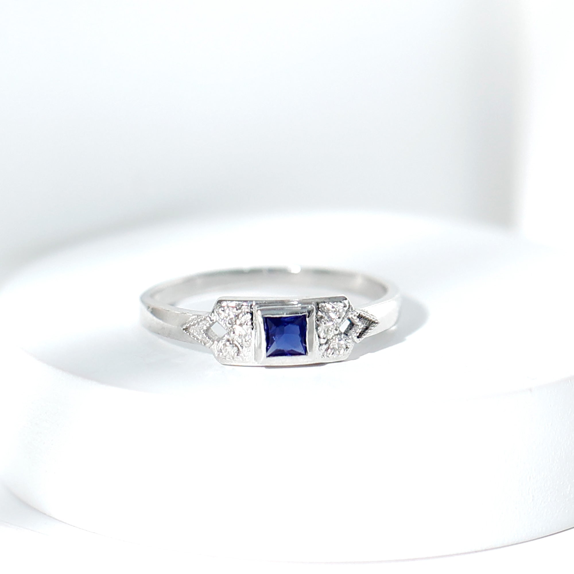 Art Deco Inspired Princess Cut Lab Grown Blue Sapphire Ring with Diamond AAAA - Rosec Jewels