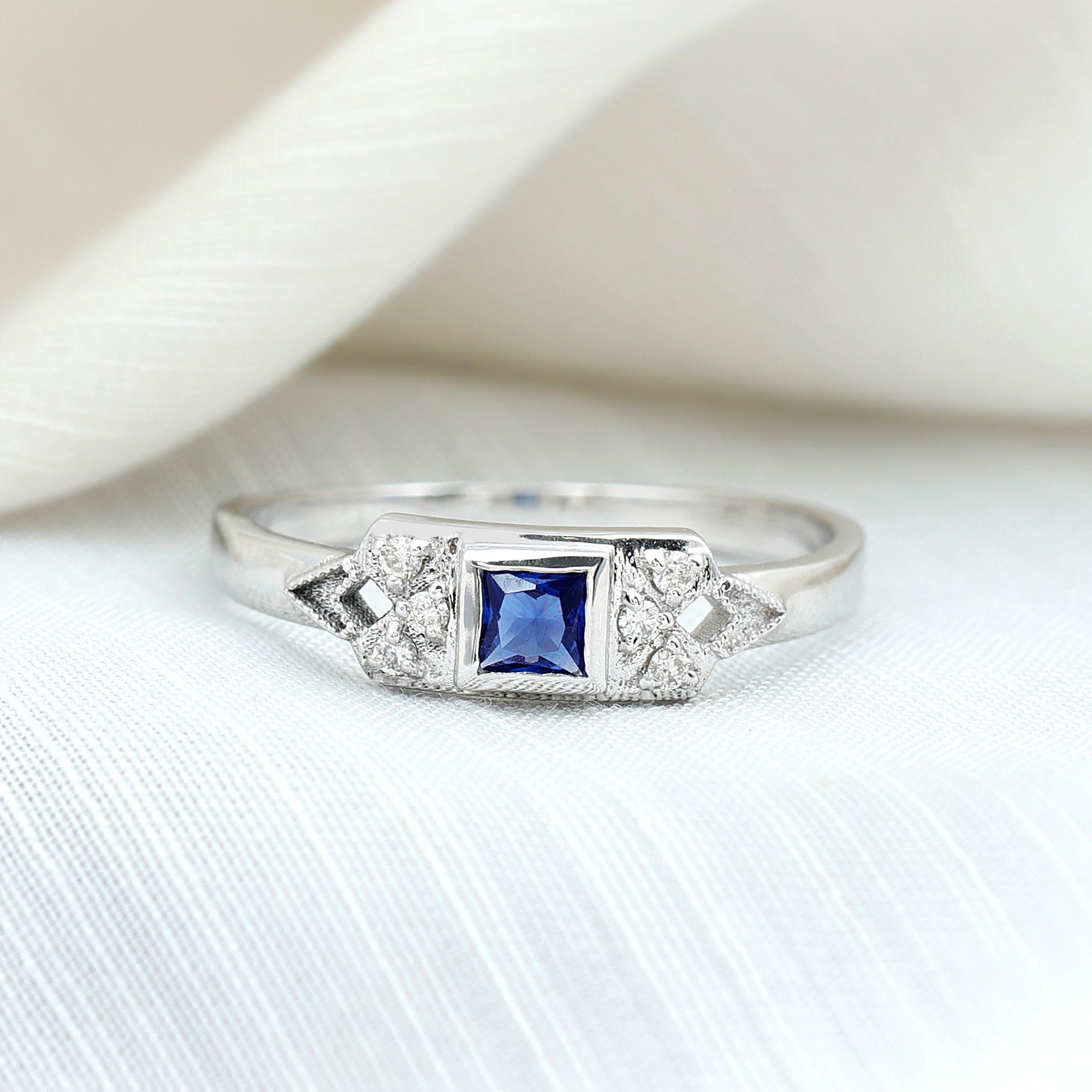 Art Deco Inspired Princess Cut Lab Grown Blue Sapphire Ring with Diamond AAAA - Rosec Jewels