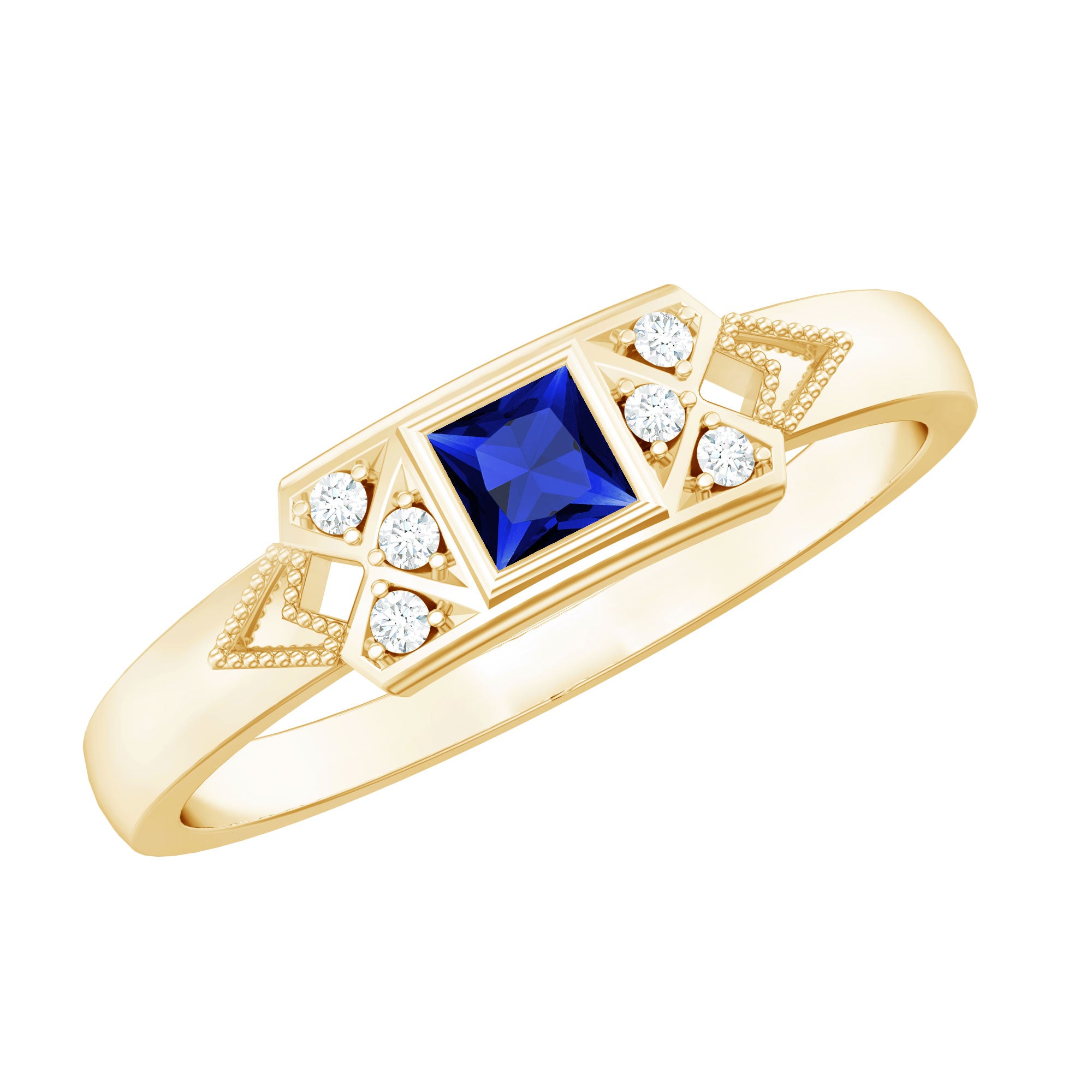 Art Deco Inspired Princess Cut Lab Grown Blue Sapphire Ring with Diamond AAAA - Rosec Jewels