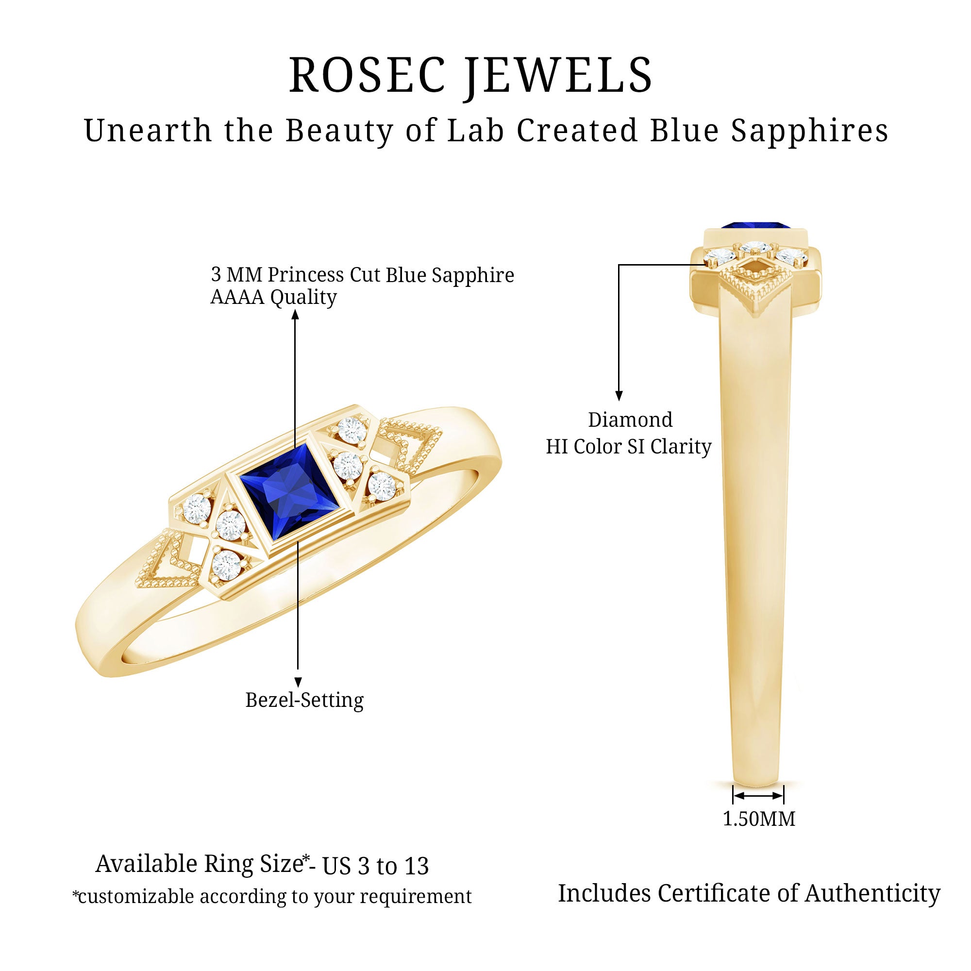 Art Deco Inspired Princess Cut Lab Grown Blue Sapphire Ring with Diamond AAAA - Rosec Jewels