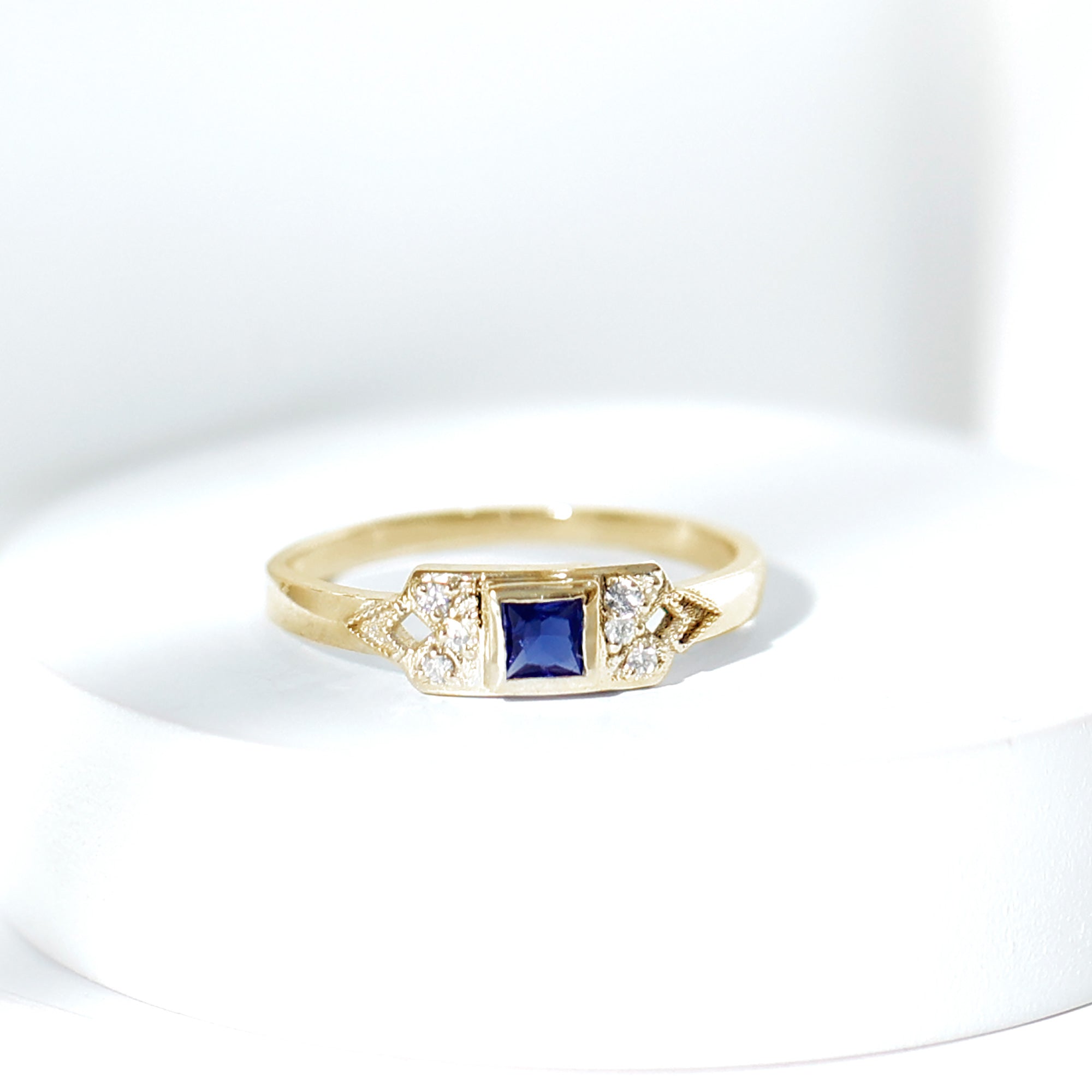 Art Deco Inspired Princess Cut Lab Grown Blue Sapphire Ring with Diamond AAAA - Rosec Jewels