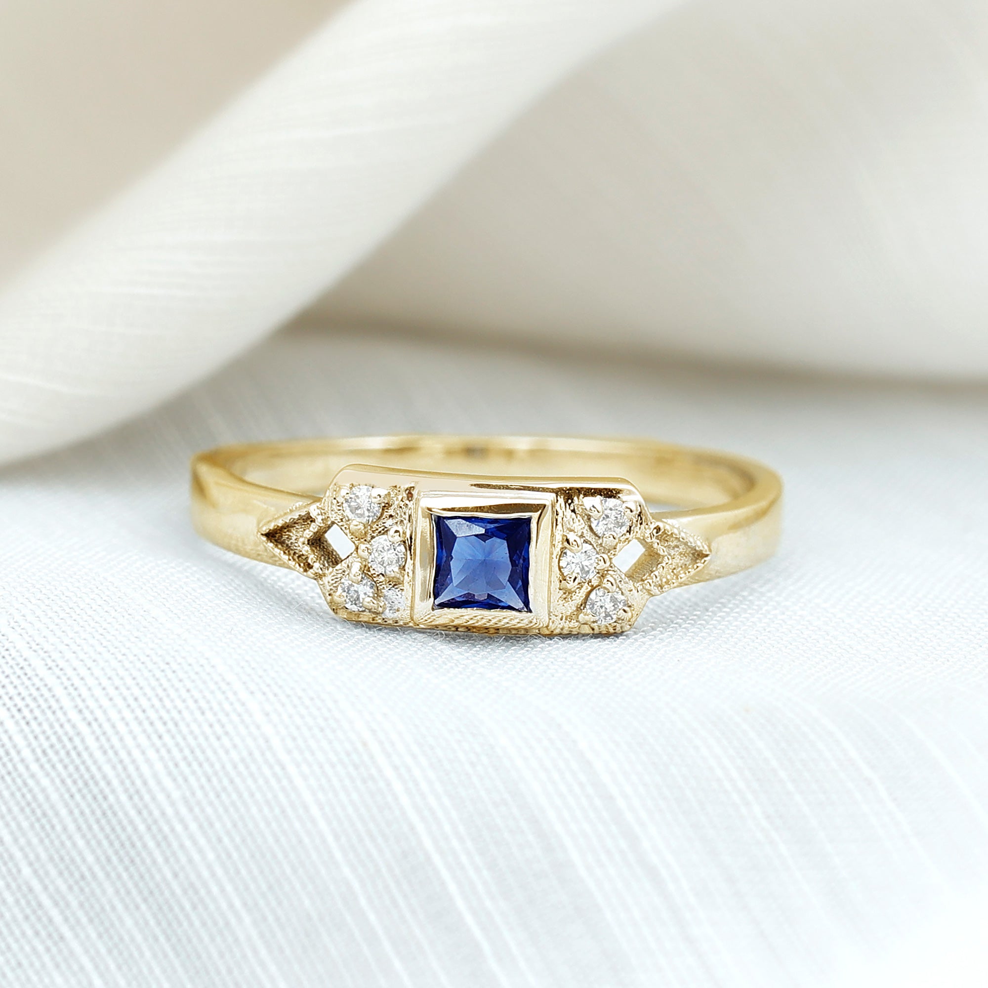 Art Deco Inspired Princess Cut Lab Grown Blue Sapphire Ring with Diamond AAAA - Rosec Jewels