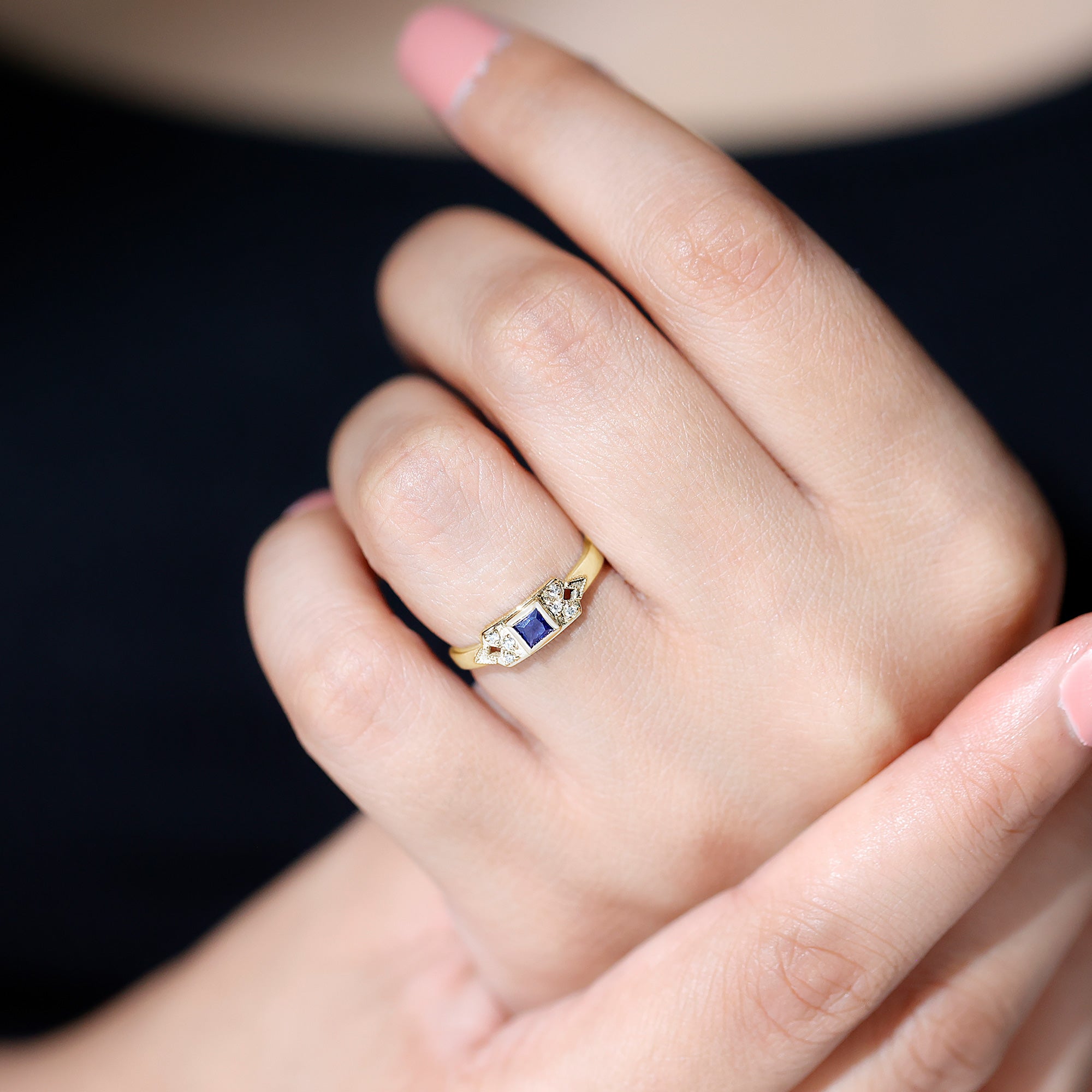 Art Deco Inspired Princess Cut Lab Grown Blue Sapphire Ring with Diamond AAAA - Rosec Jewels