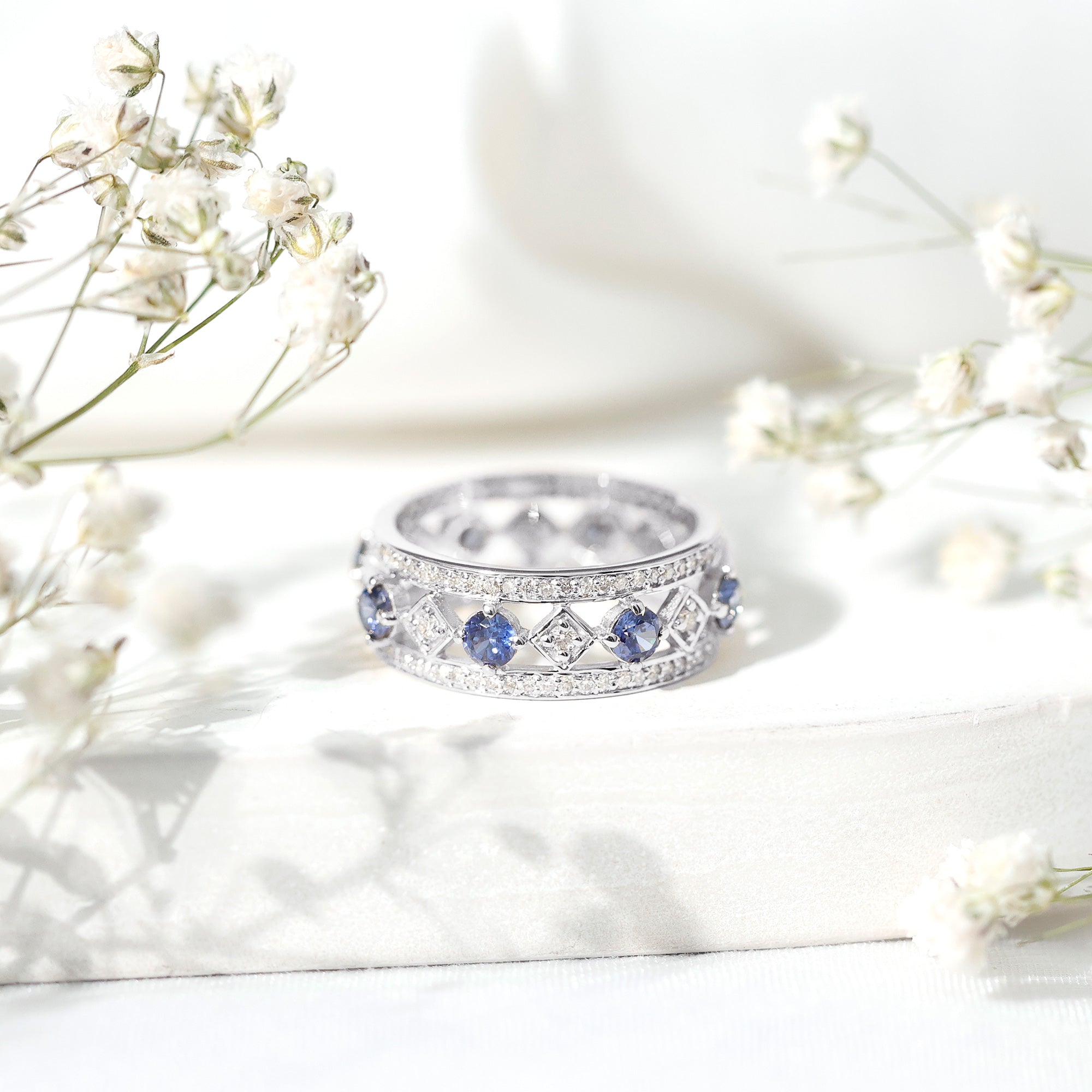 Lab Created Blue Sapphire and Diamond Full Eternity Band Ring AAAA - Rosec Jewels