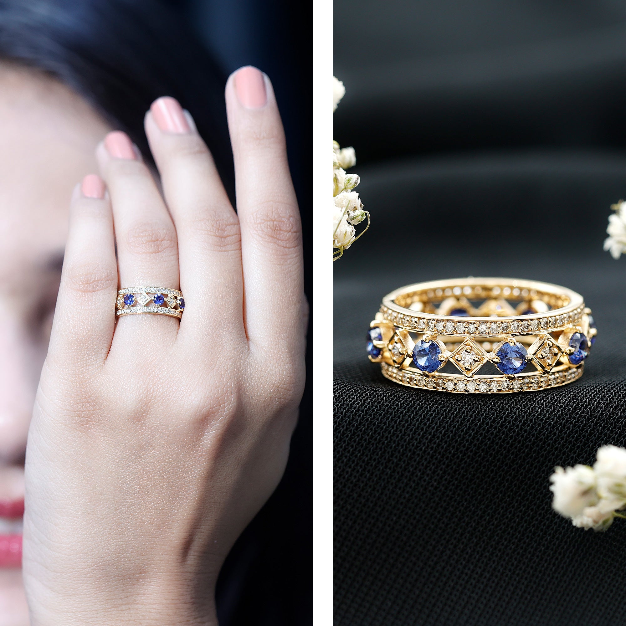 Lab Created Blue Sapphire and Diamond Full Eternity Band Ring AAAA - Rosec Jewels
