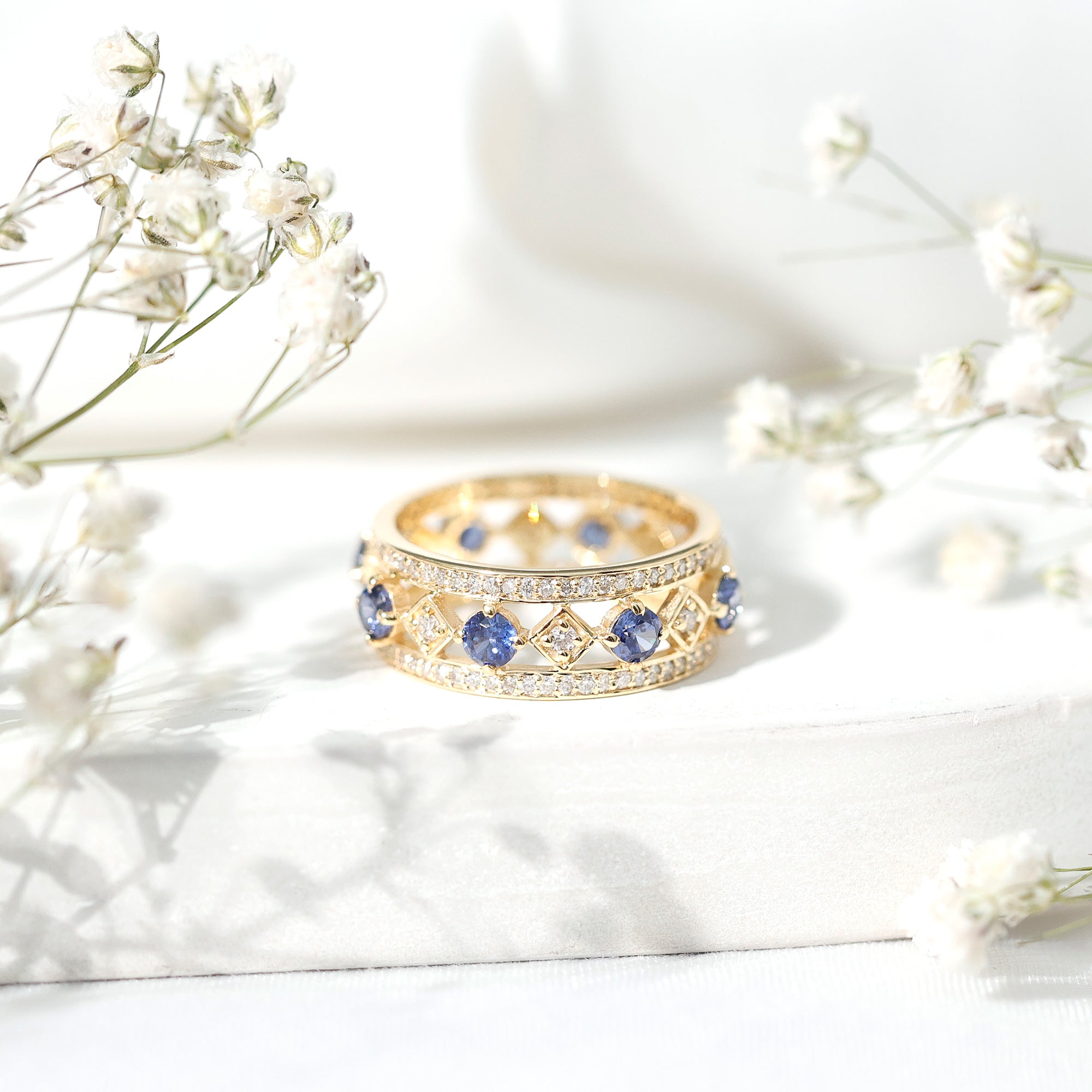 Lab Created Blue Sapphire and Diamond Full Eternity Band Ring AAAA - Rosec Jewels