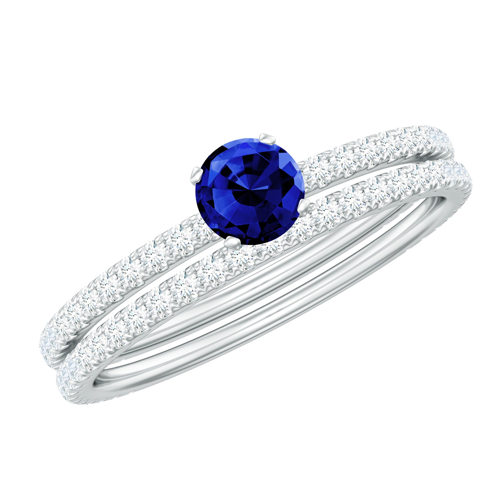 Certified 0.6 Carat Lab Grown Blue Sapphire Engagement Ring Set with Diamond AAAA - Rosec Jewels