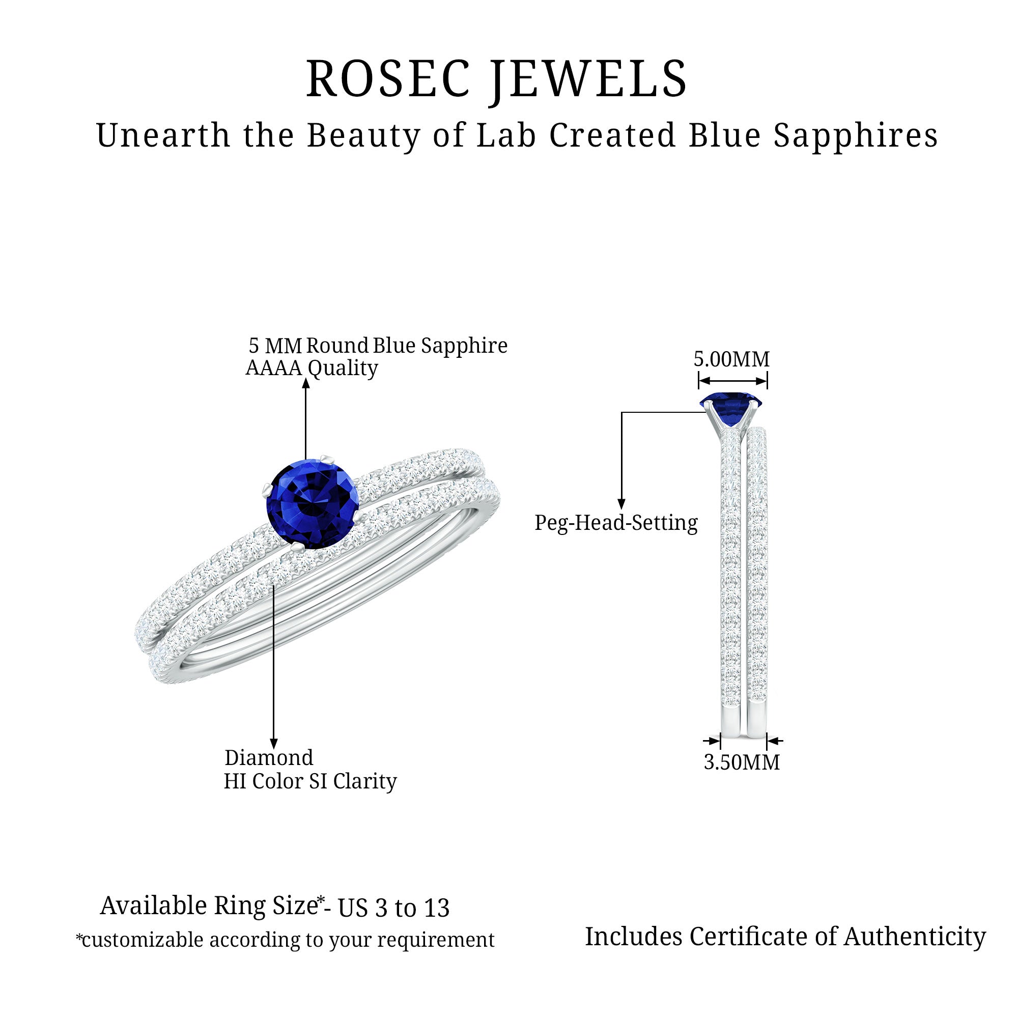 Certified 0.6 Carat Lab Grown Blue Sapphire Engagement Ring Set with Diamond AAAA - Rosec Jewels
