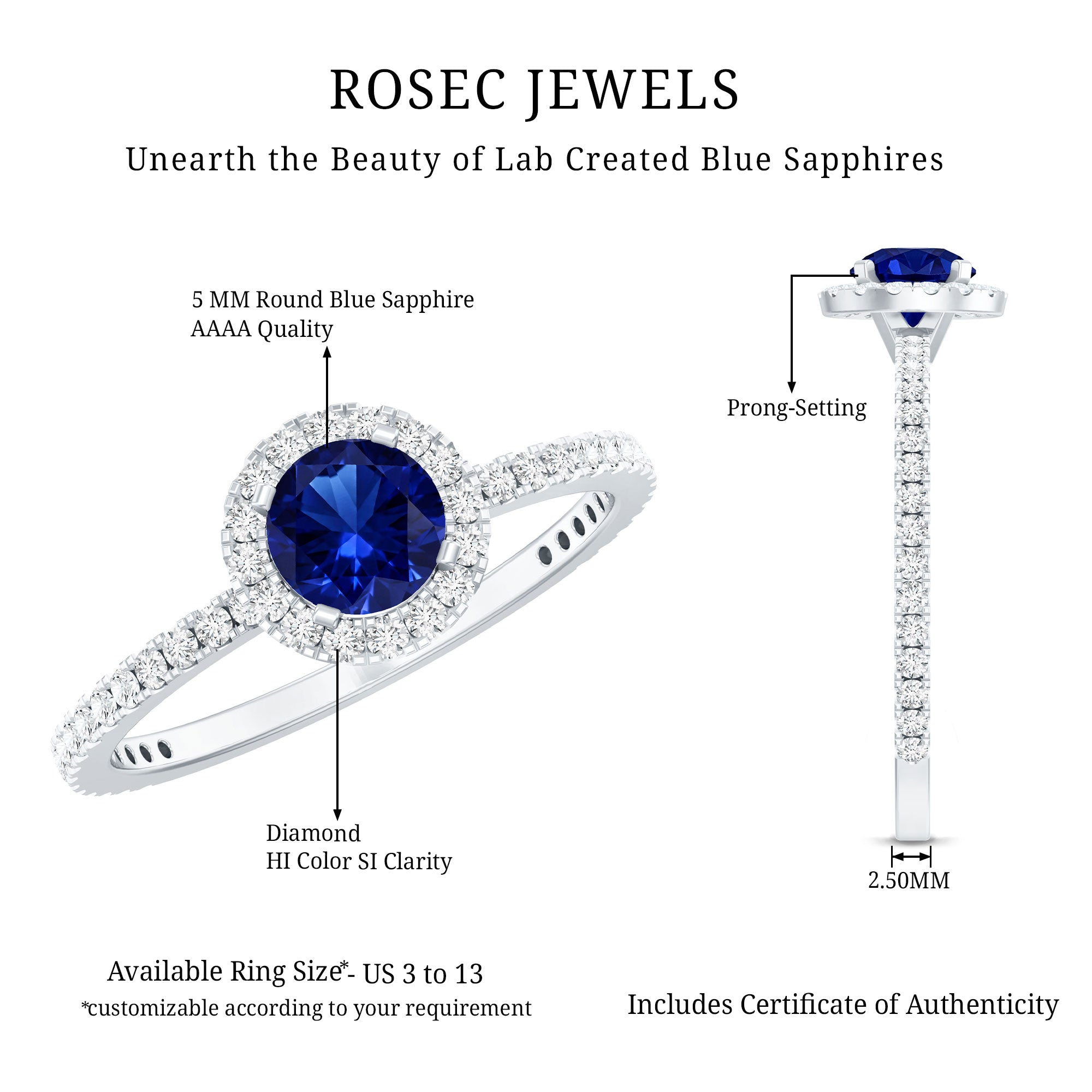 Certified 0.6 Carat Lab Grown Blue Sapphire Engagement Ring with Diamond Halo AAAA - Rosec Jewels