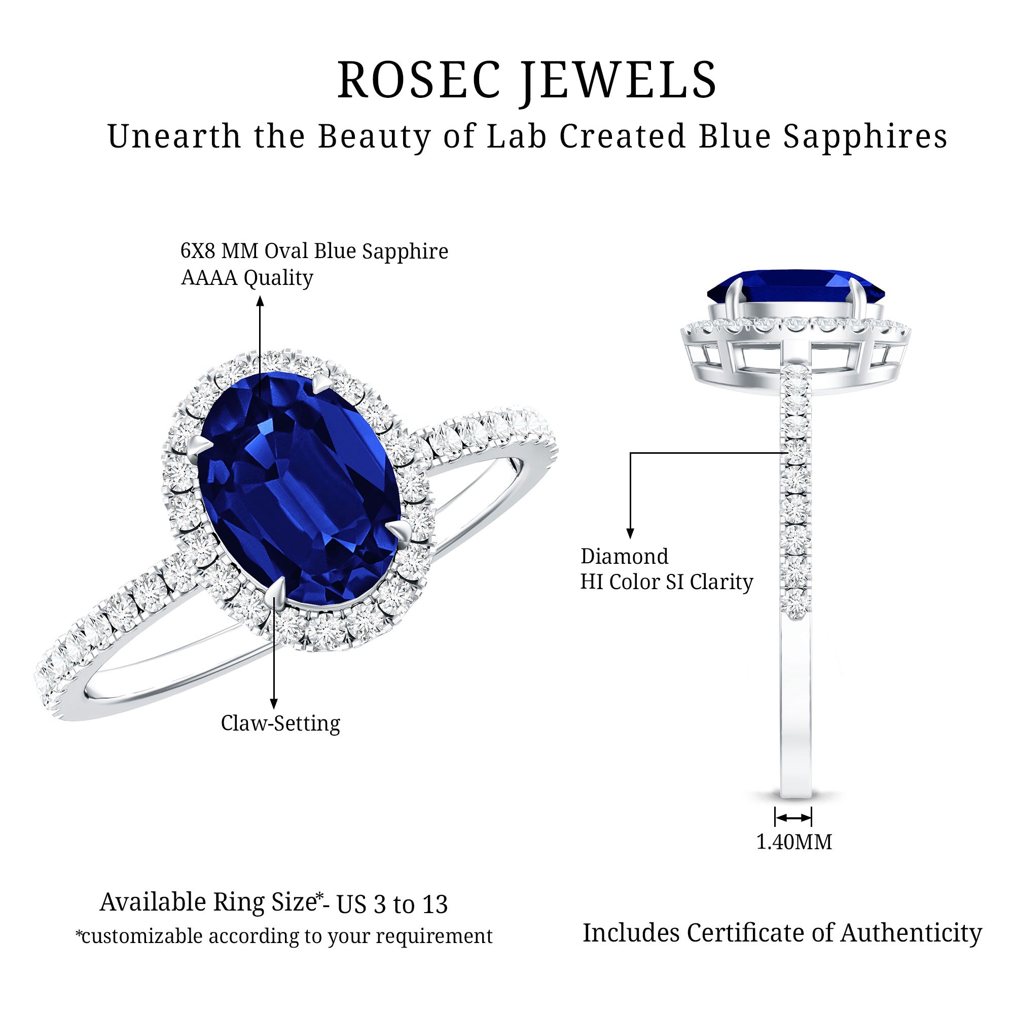Certified 1.5 Carat Oval Lab Grown Blue Sapphire Engagement Ring with Diamond Halo AAAA - Rosec Jewels