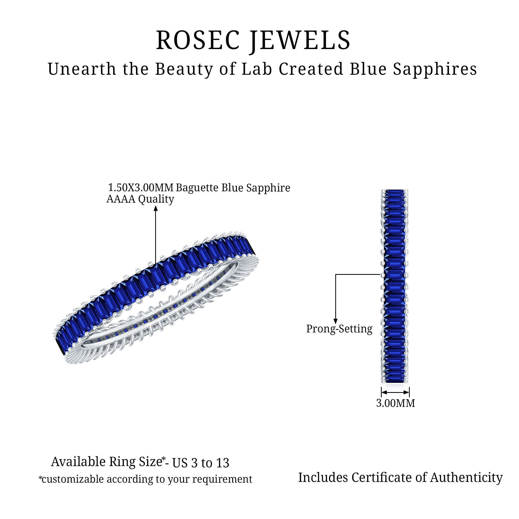 Certified Lab Grown Blue Sapphire Baguette Eternity Band Ring AAAA - Rosec Jewels