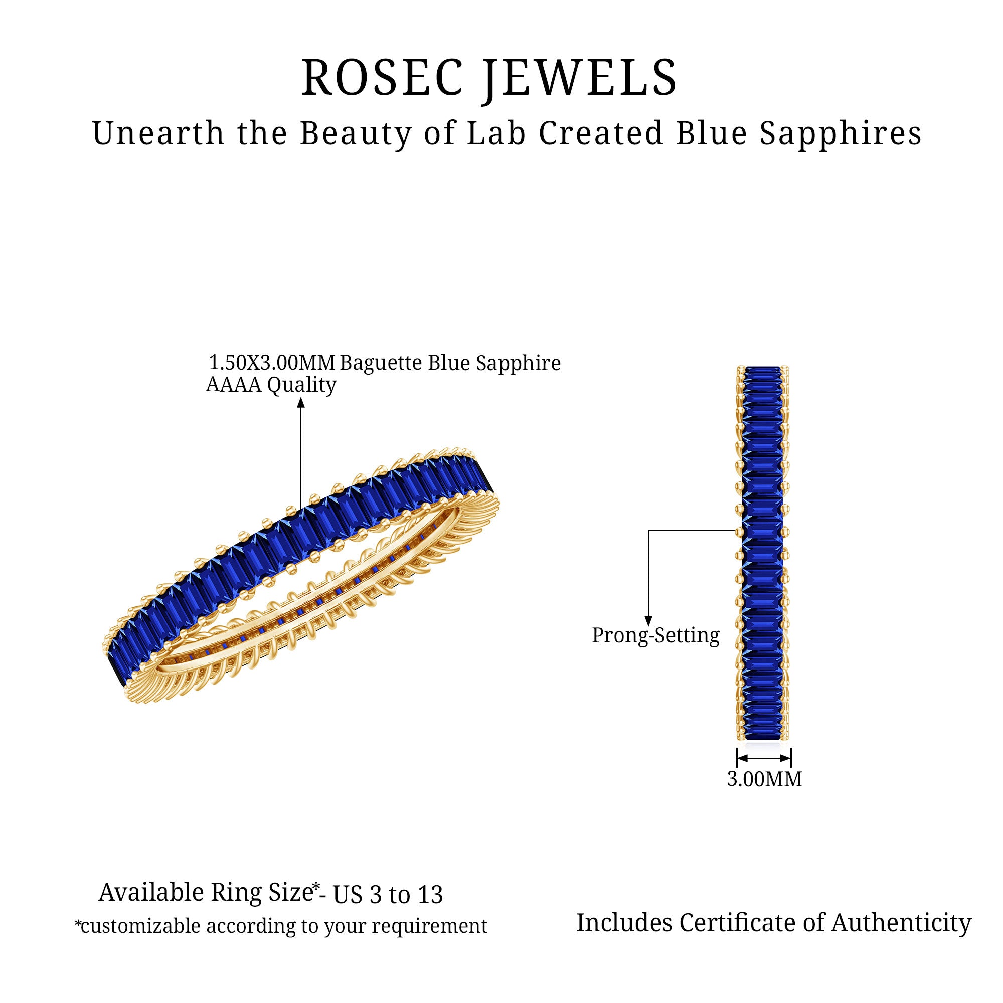 Certified Lab Grown Blue Sapphire Baguette Eternity Band Ring AAAA - Rosec Jewels