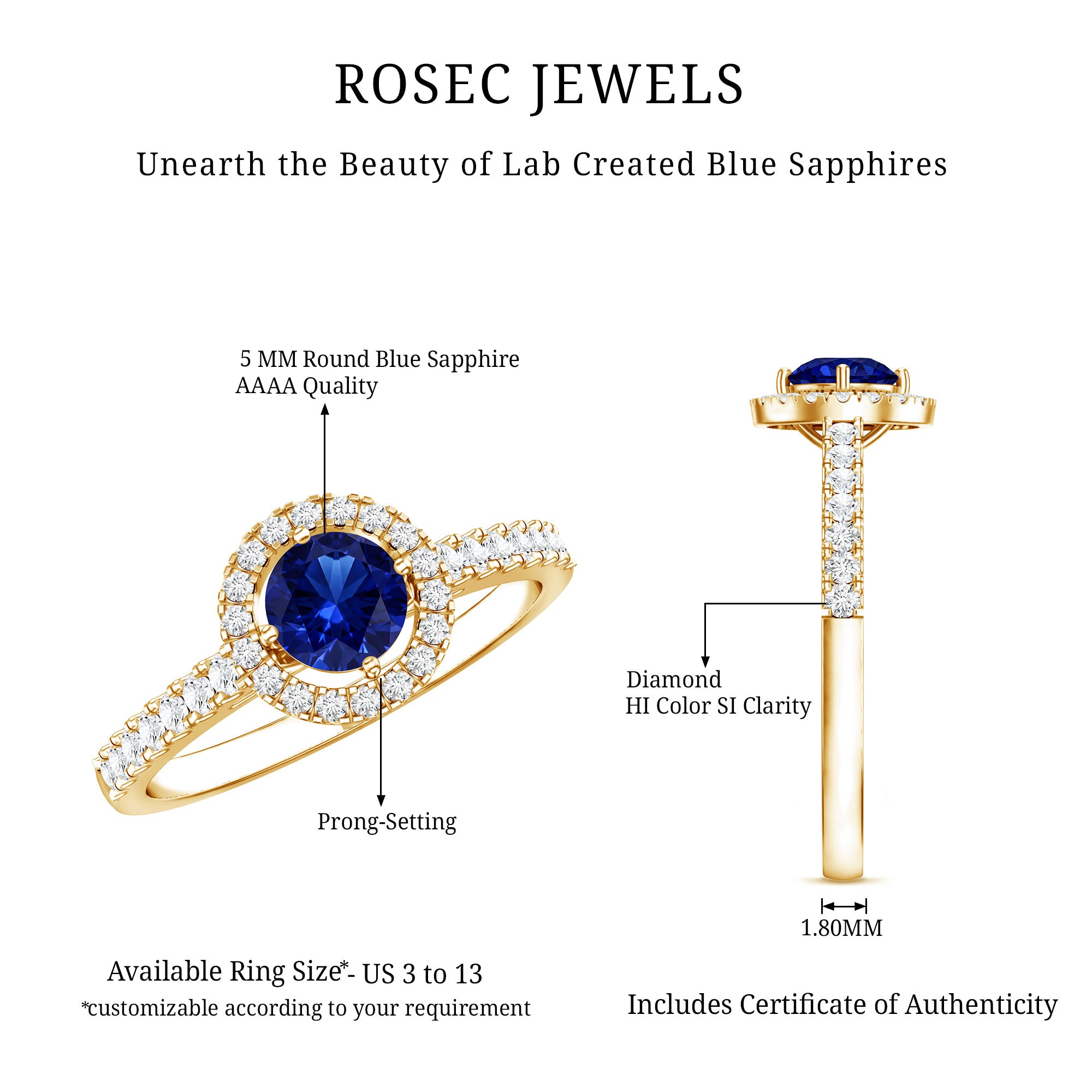 Certified 0.6 Carat Lab Grown Blue Sapphire Diamond Engagement Ring with Halo AAAA - Rosec Jewels