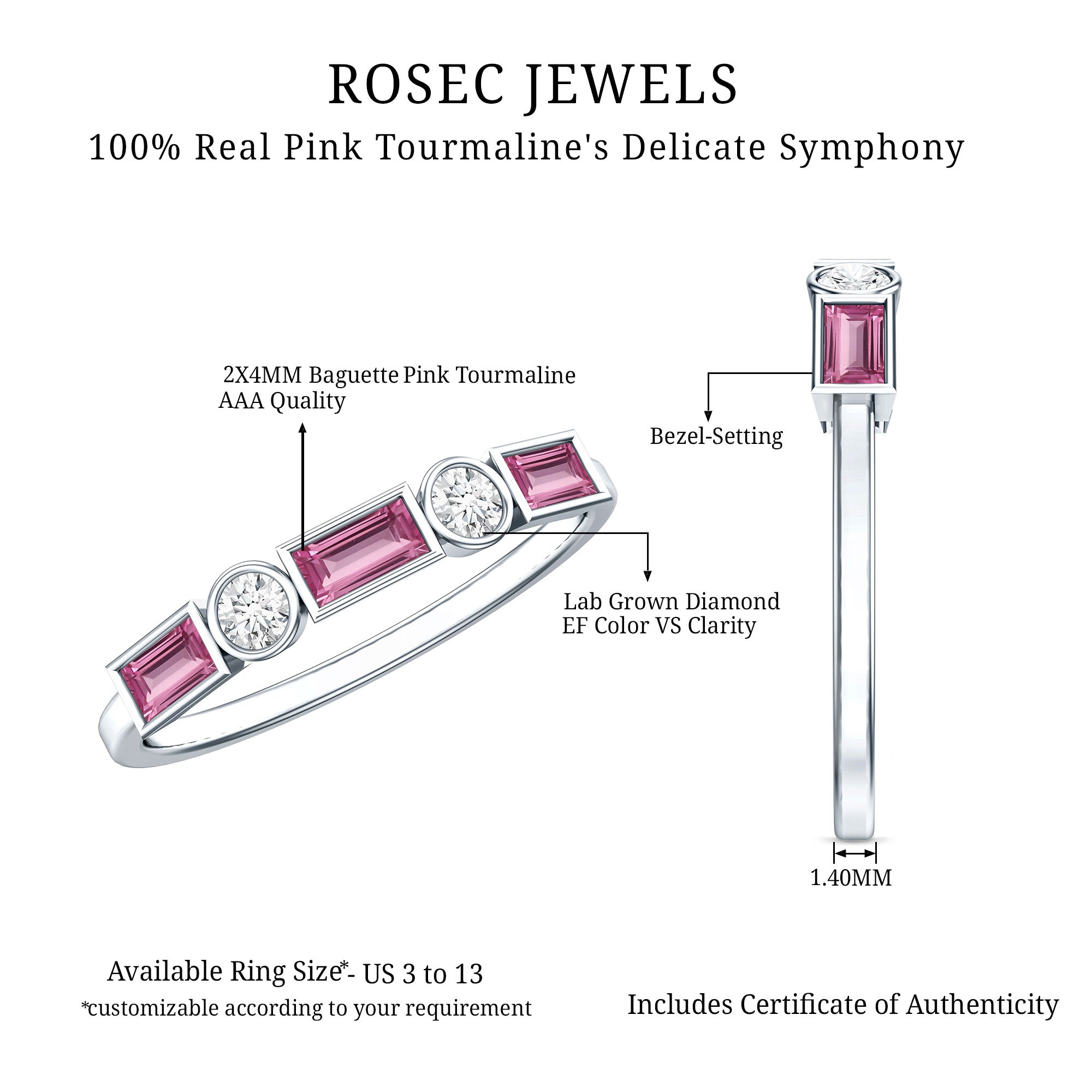 Rosec Jewels-Pink Tourmaline and Diamond Stackable Ring in Bezel Setting