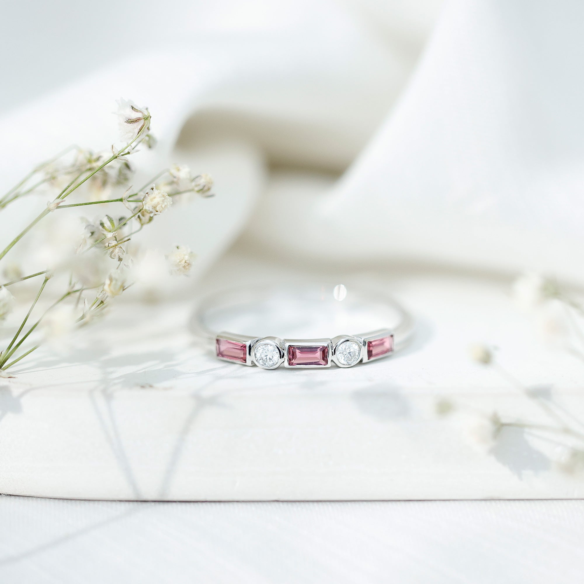 Rosec Jewels-Pink Tourmaline and Diamond Stackable Ring in Bezel Setting