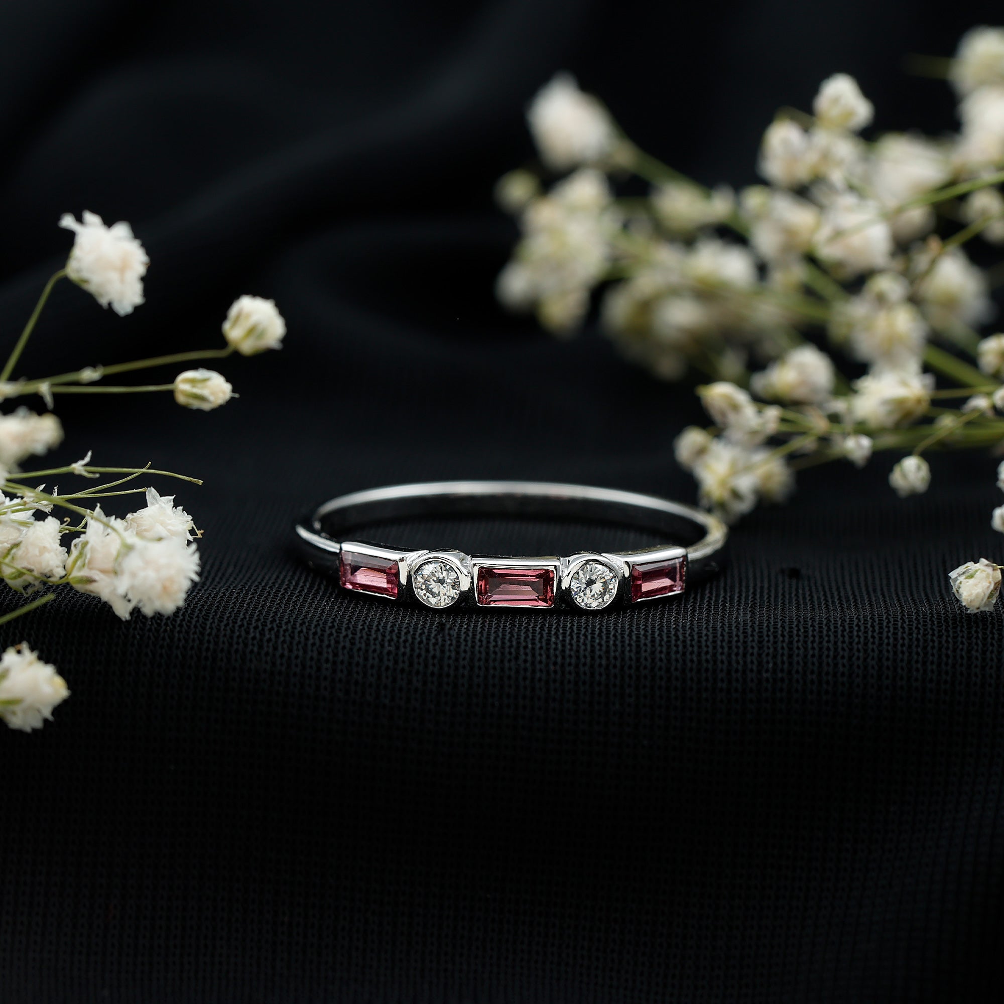 Rosec Jewels-Pink Tourmaline and Diamond Stackable Ring in Bezel Setting
