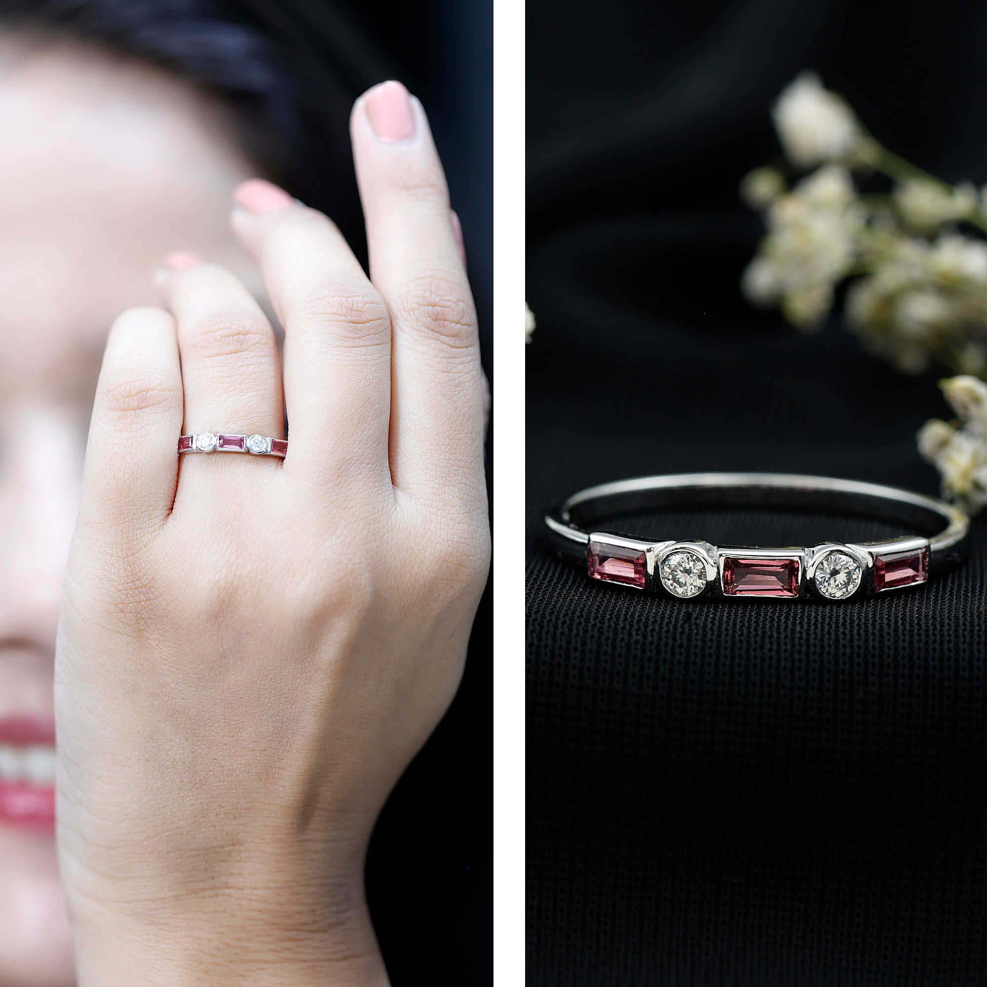 Rosec Jewels-Pink Tourmaline and Diamond Stackable Ring in Bezel Setting