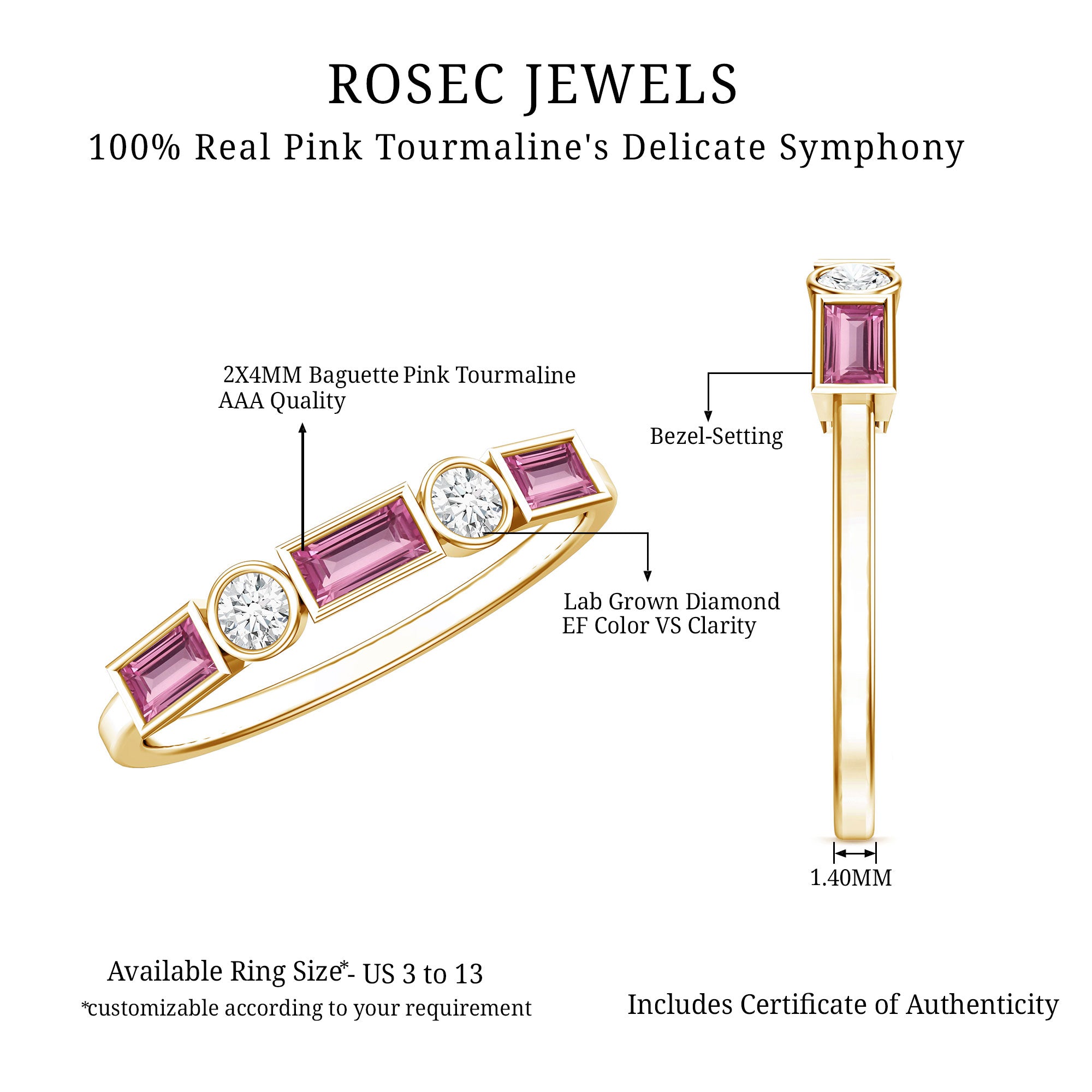 Rosec Jewels-Pink Tourmaline and Diamond Stackable Ring in Bezel Setting