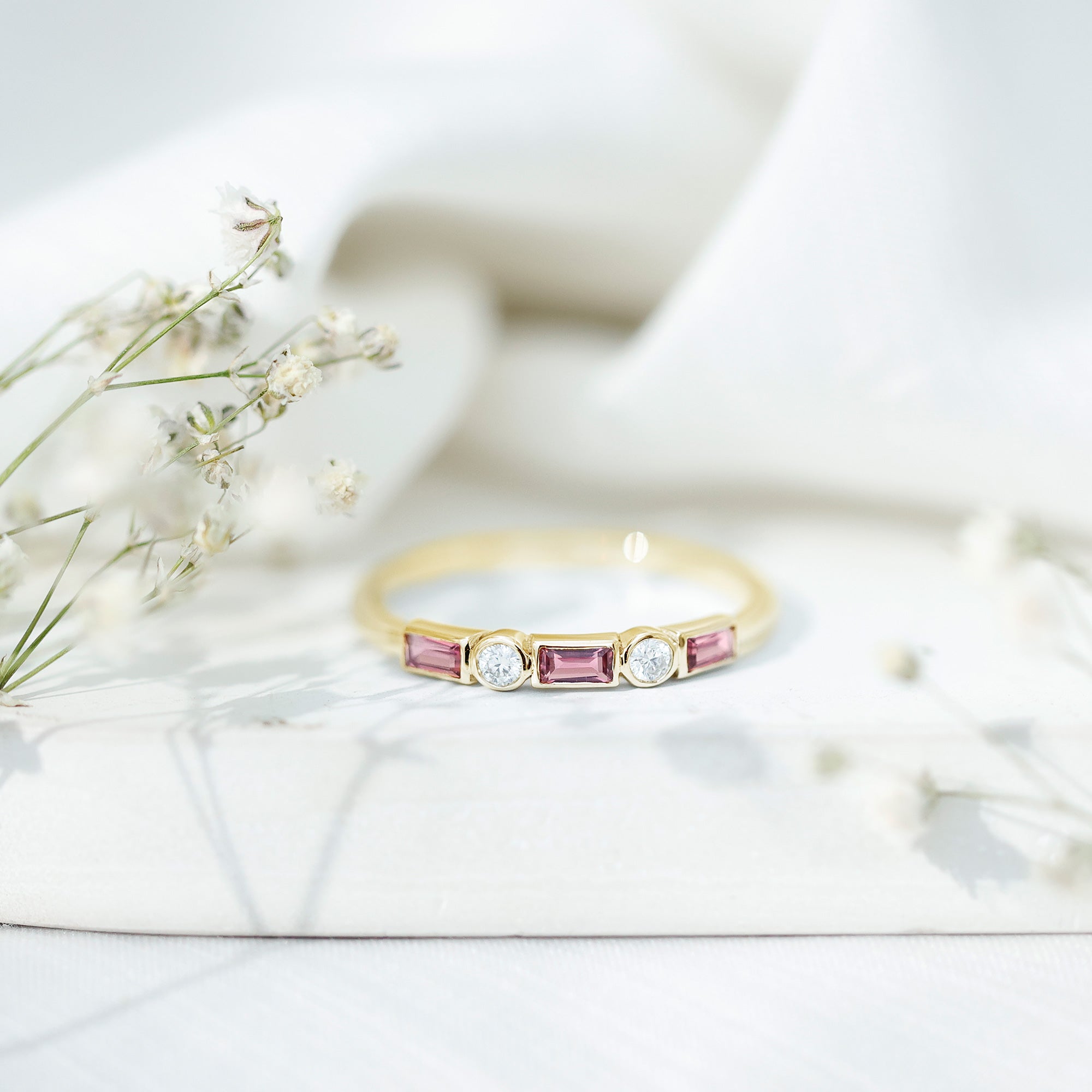 Rosec Jewels-Pink Tourmaline and Diamond Stackable Ring in Bezel Setting