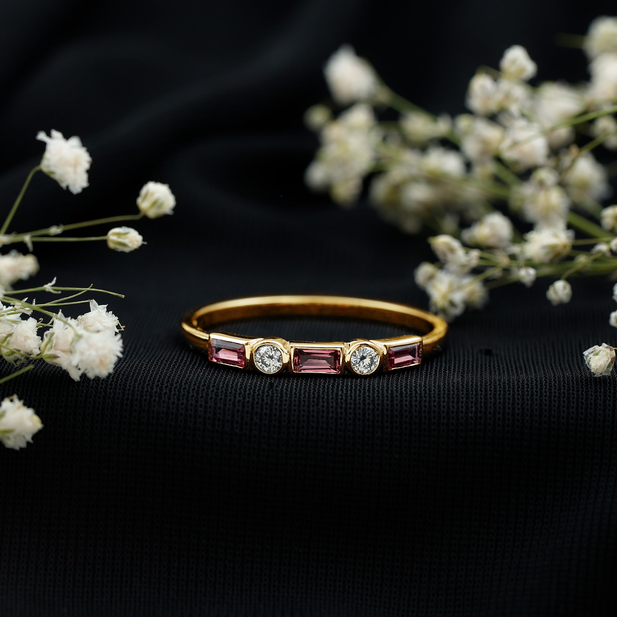 Rosec Jewels-Pink Tourmaline and Diamond Stackable Ring in Bezel Setting