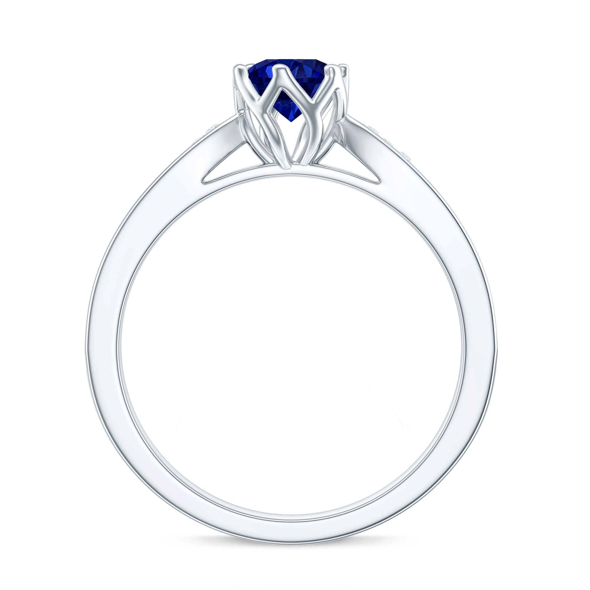 Certified Lab Created Blue Sapphire Minimal Engagement Ring with Diamond Side Stones AAAA - Rosec Jewels