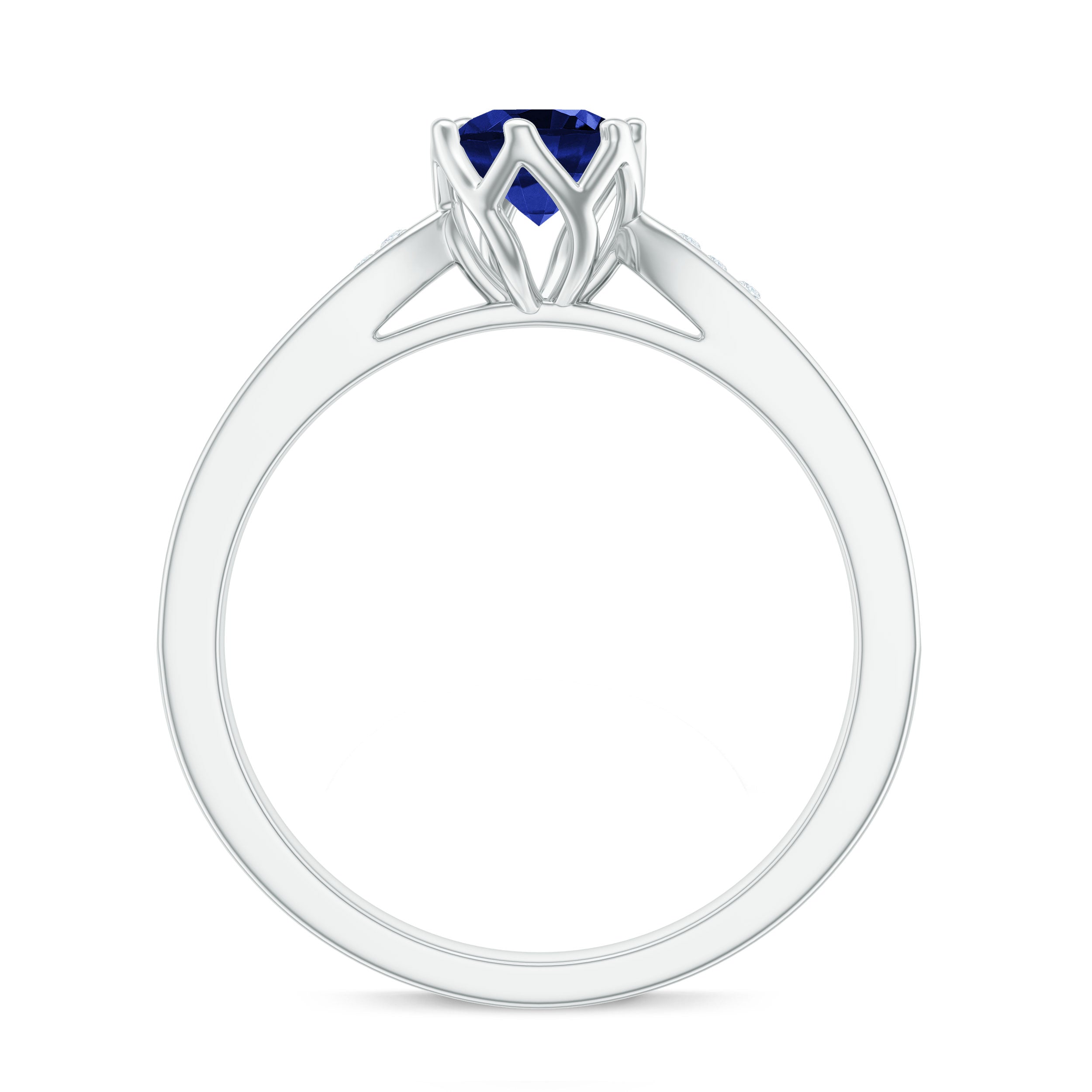 Certified Lab Created Blue Sapphire Minimal Engagement Ring with Diamond Side Stones AAAA - Rosec Jewels