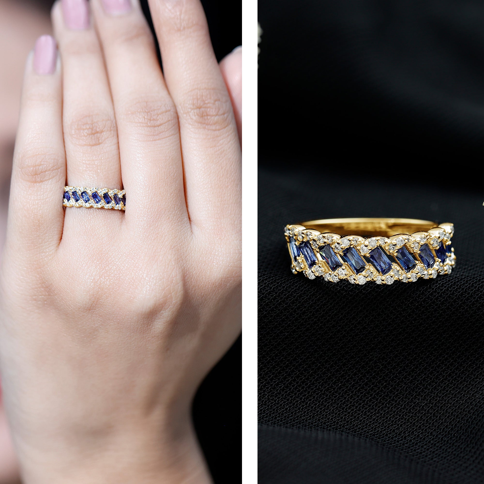 Certified Baguette Lab Grown Blue Sapphire Half Eternity Band with Diamond AAAA - Rosec Jewels