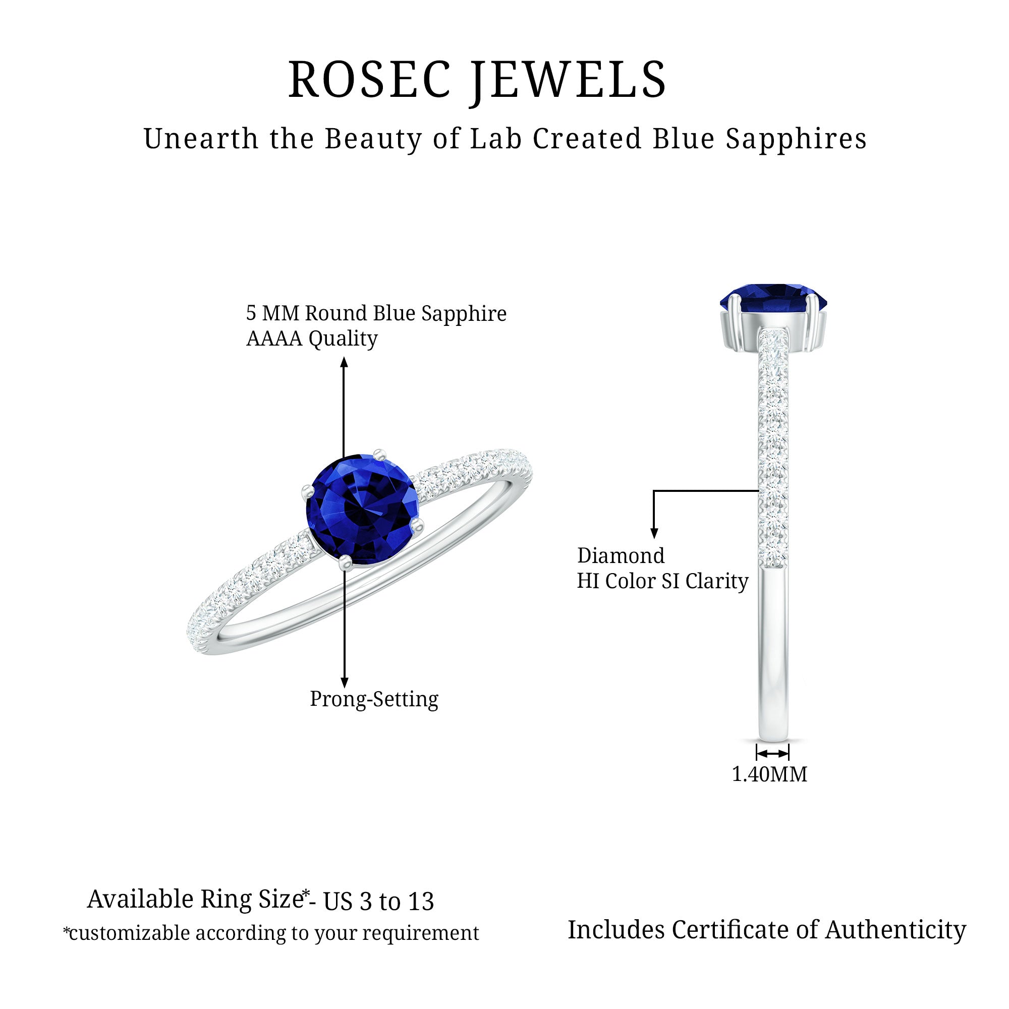 5mm Lab Created Blue Sapphire Promise Ring with Diamond Side Stones AAAA - Rosec Jewels
