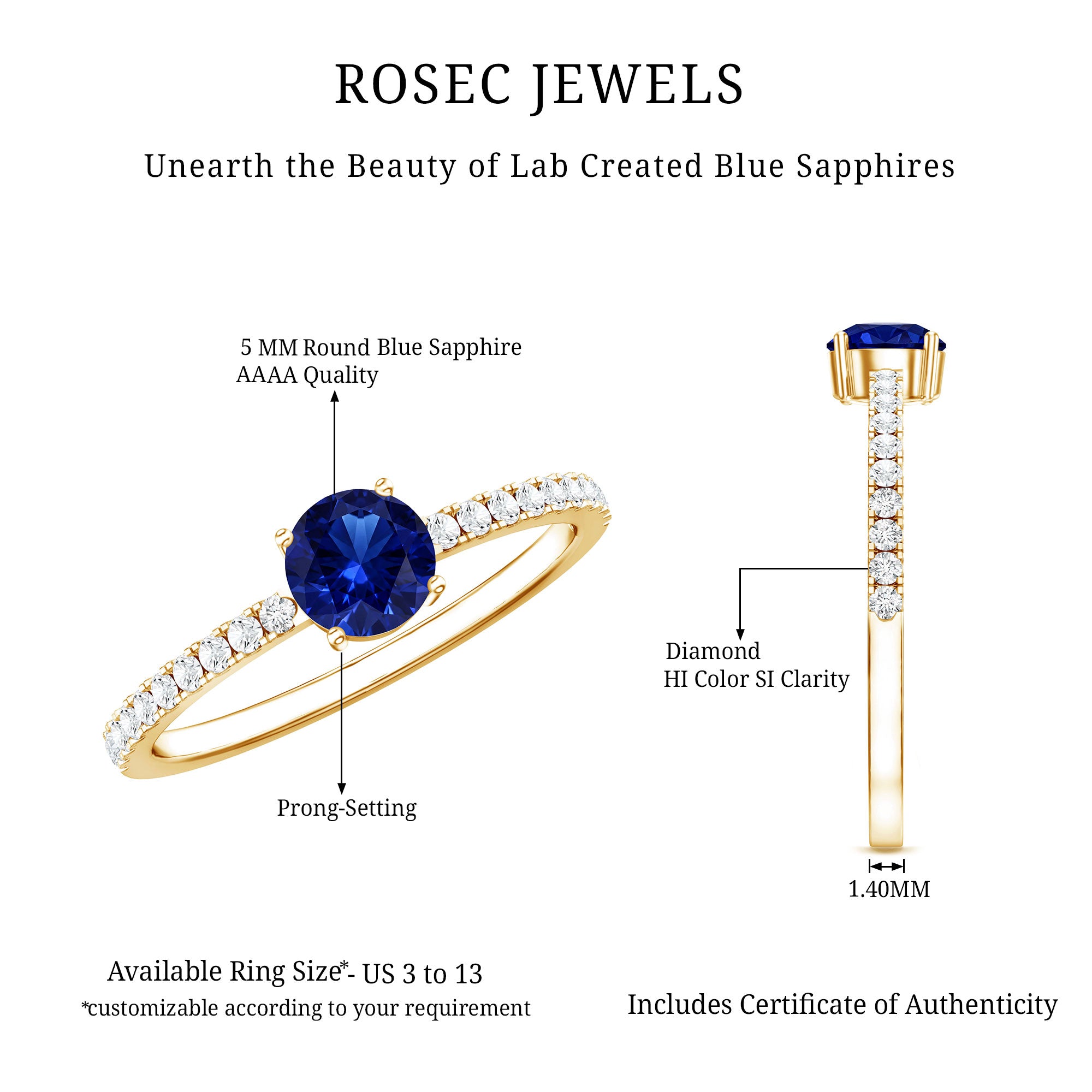 5mm Lab Created Blue Sapphire Promise Ring with Diamond Side Stones AAAA - Rosec Jewels