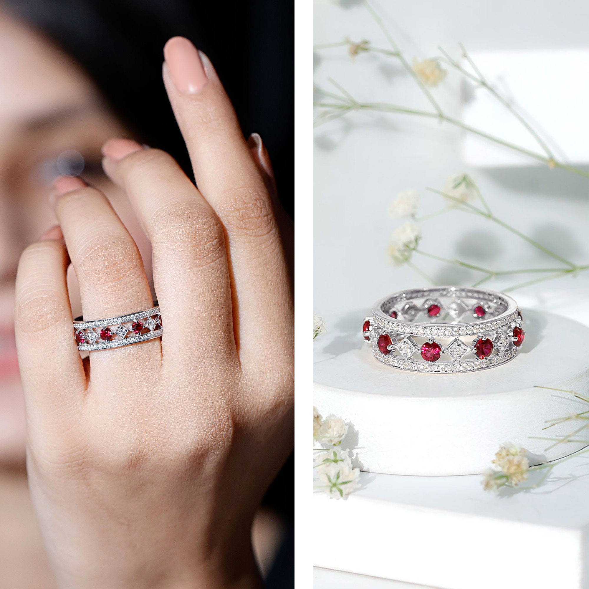 Lab Grown Ruby Vintage Wedding Band Ring With Moissanite AAAA - Rosec Jewels