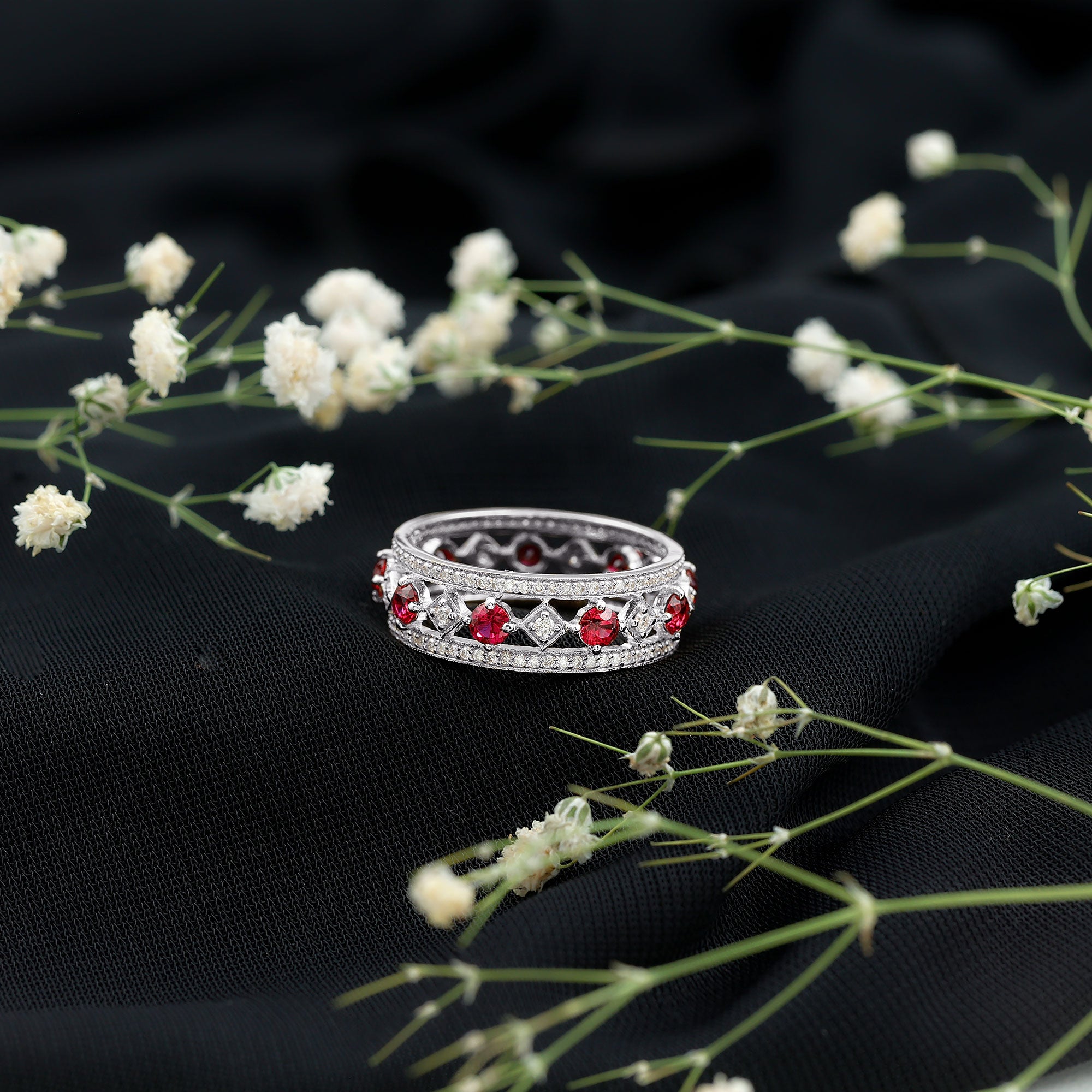 Lab Grown Ruby Vintage Wedding Band Ring With Moissanite AAAA - Rosec Jewels