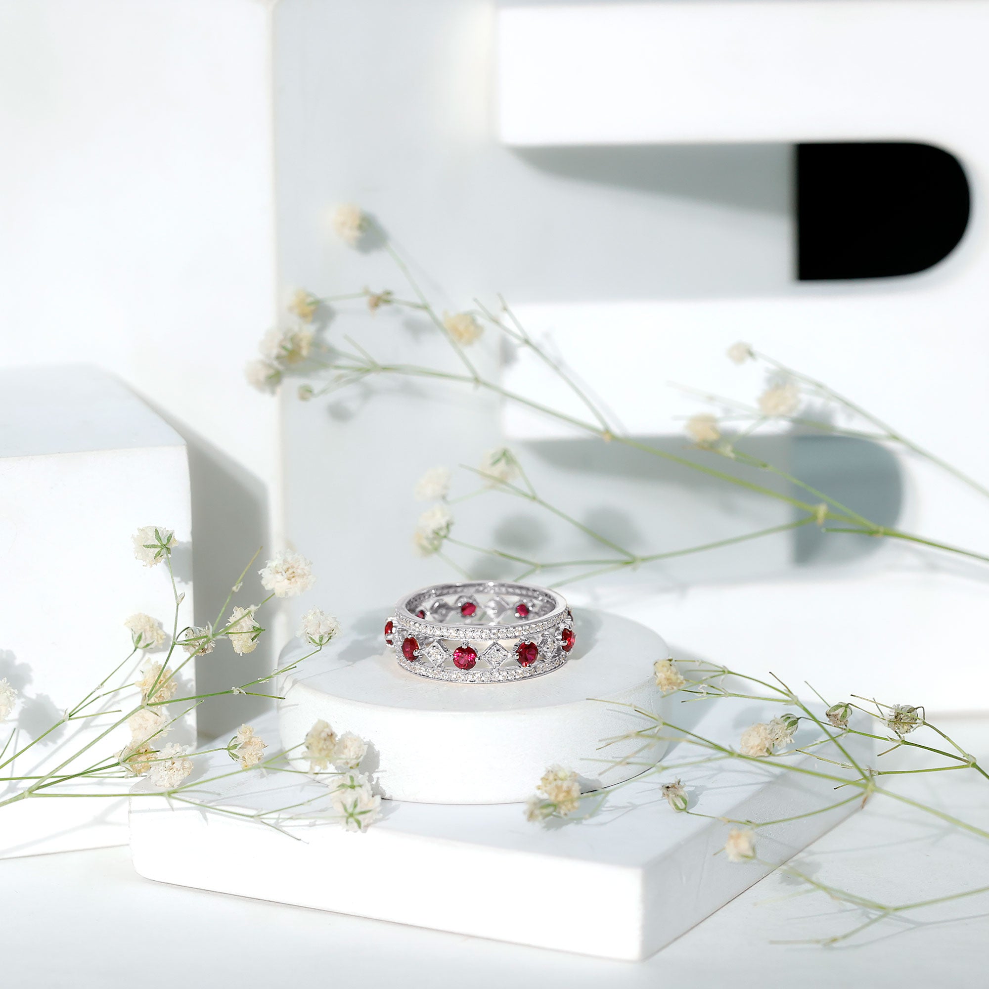 Lab Grown Ruby Vintage Wedding Band Ring With Moissanite AAAA - Rosec Jewels
