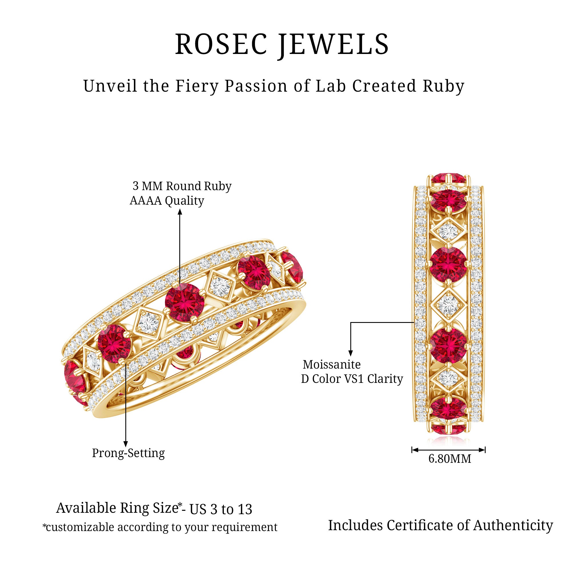 Lab Grown Ruby Vintage Wedding Band Ring With Moissanite AAAA - Rosec Jewels