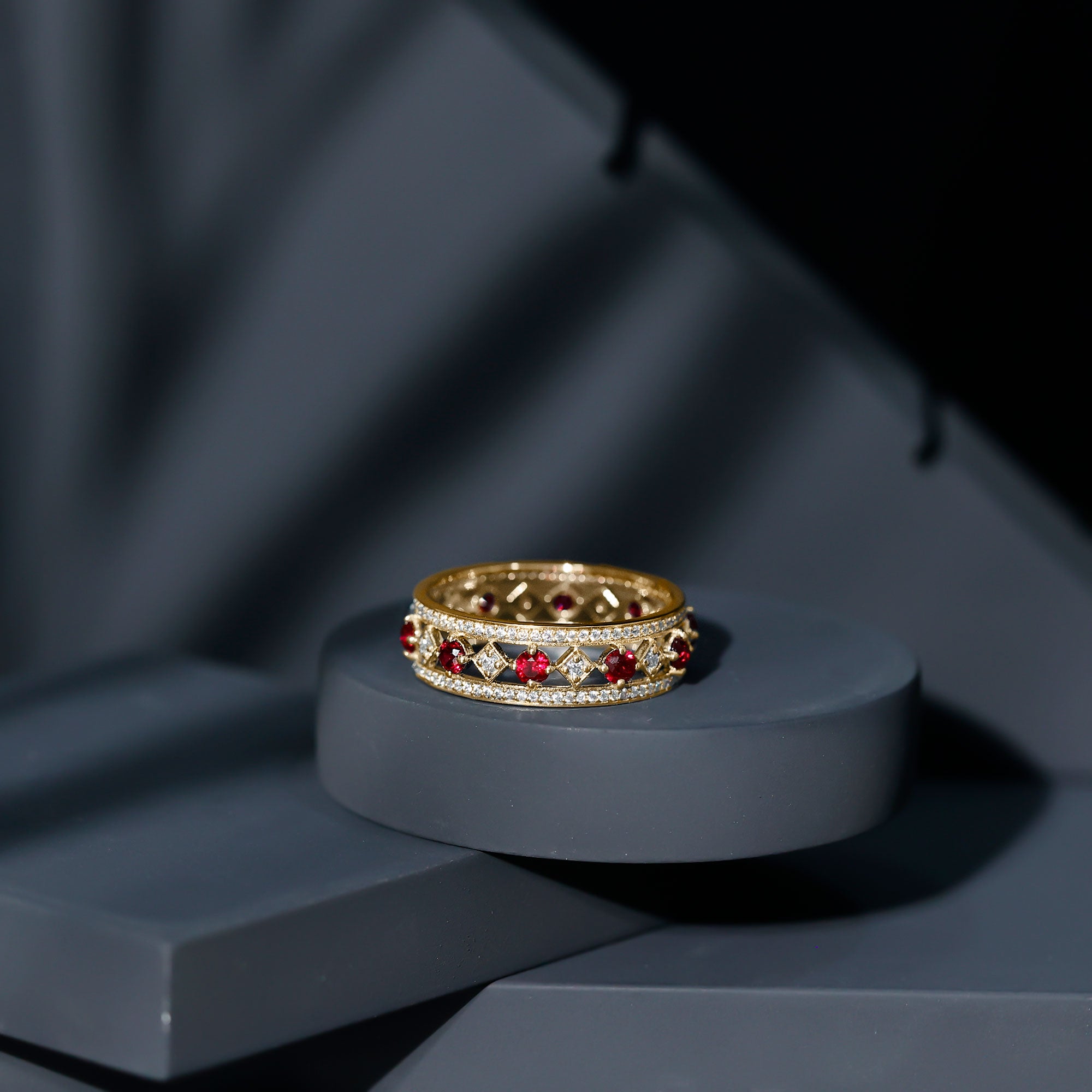 Lab Grown Ruby Vintage Wedding Band Ring With Moissanite AAAA - Rosec Jewels