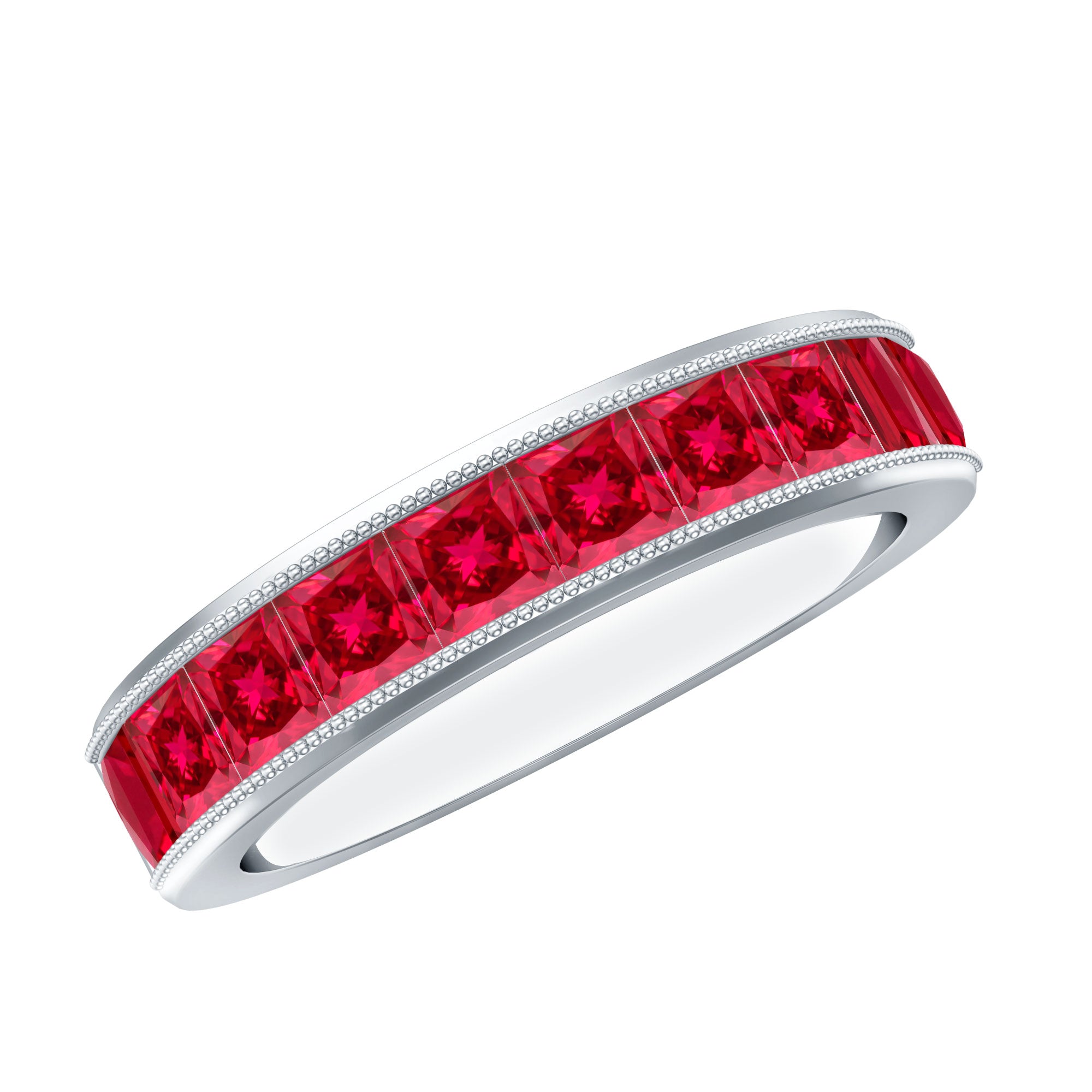 Channel Set Lab Grown Ruby Princess Cut Eternity Band with Milgrain AAAA - Rosec Jewels