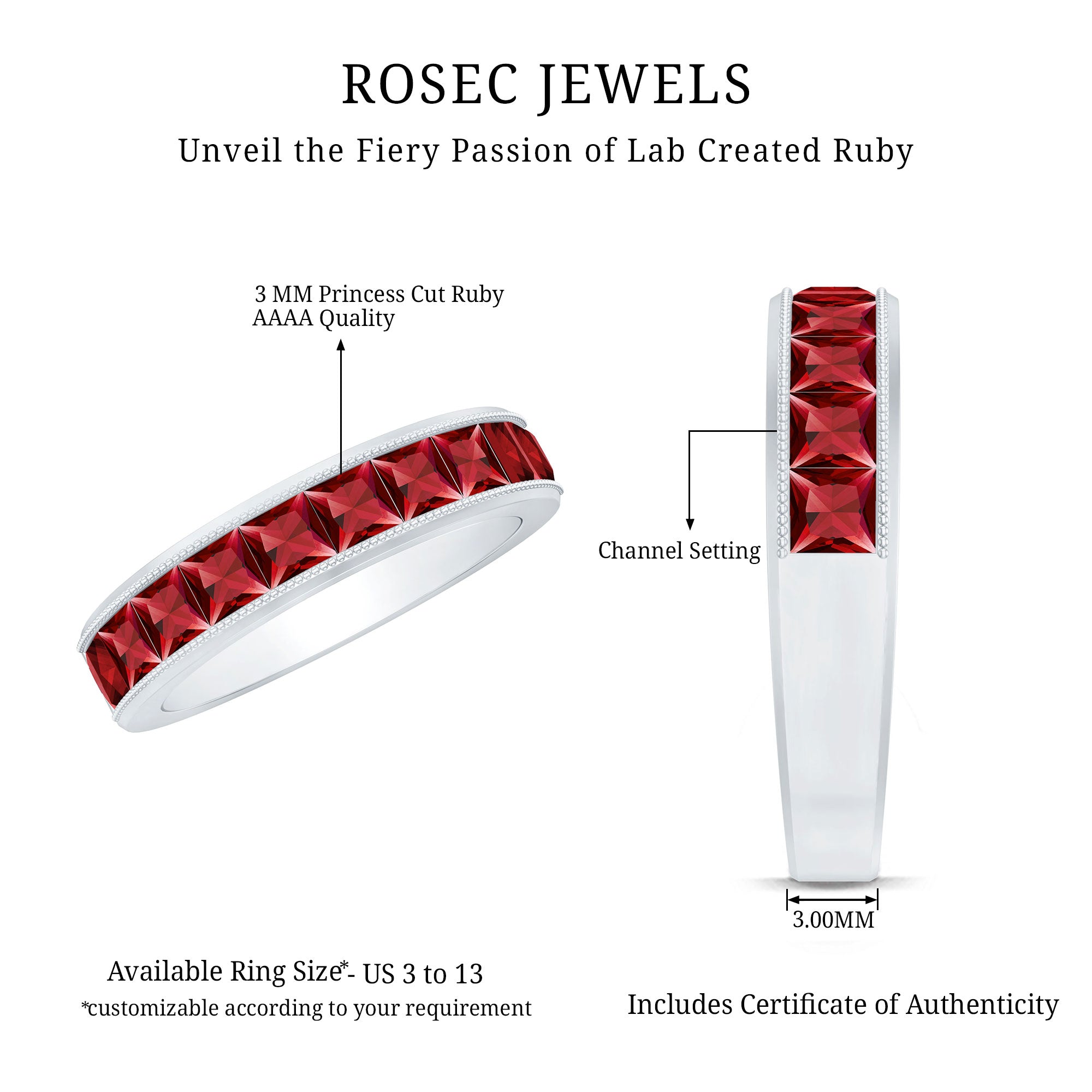 Channel Set Lab Grown Ruby Princess Cut Eternity Band with Milgrain AAAA - Rosec Jewels