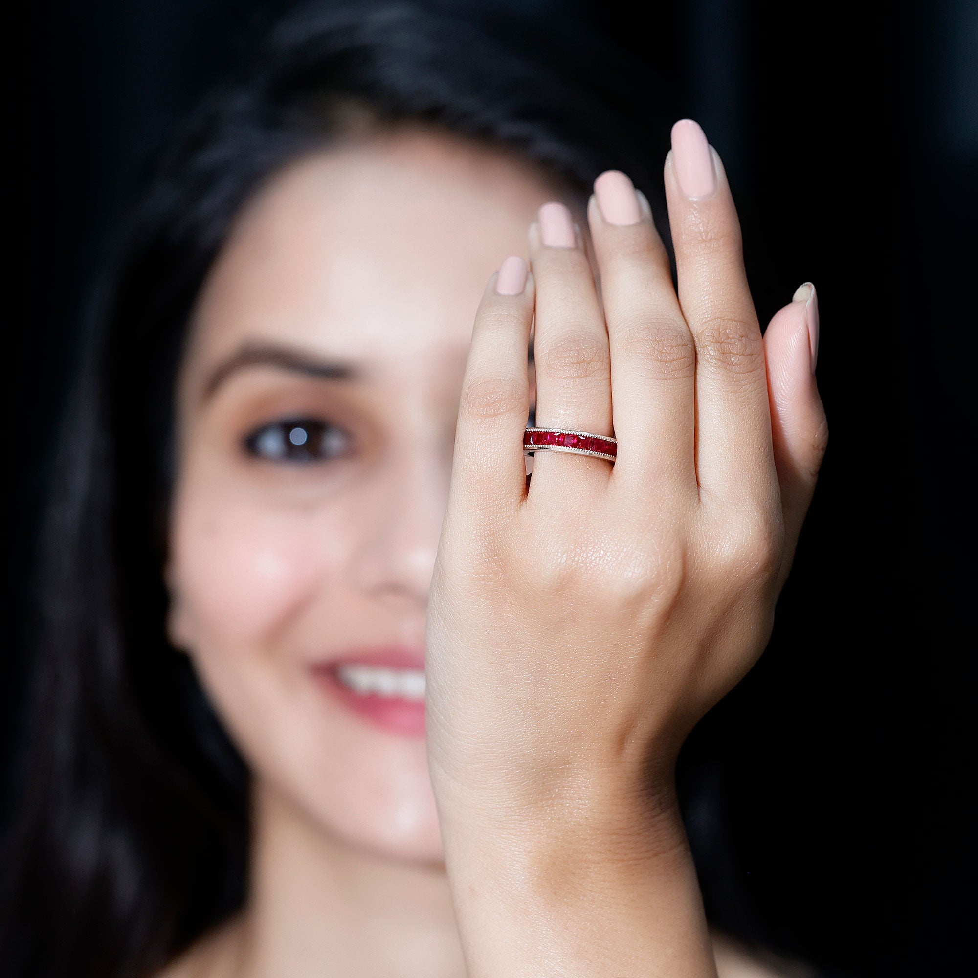 Channel Set Lab Grown Ruby Princess Cut Eternity Band with Milgrain AAAA - Rosec Jewels