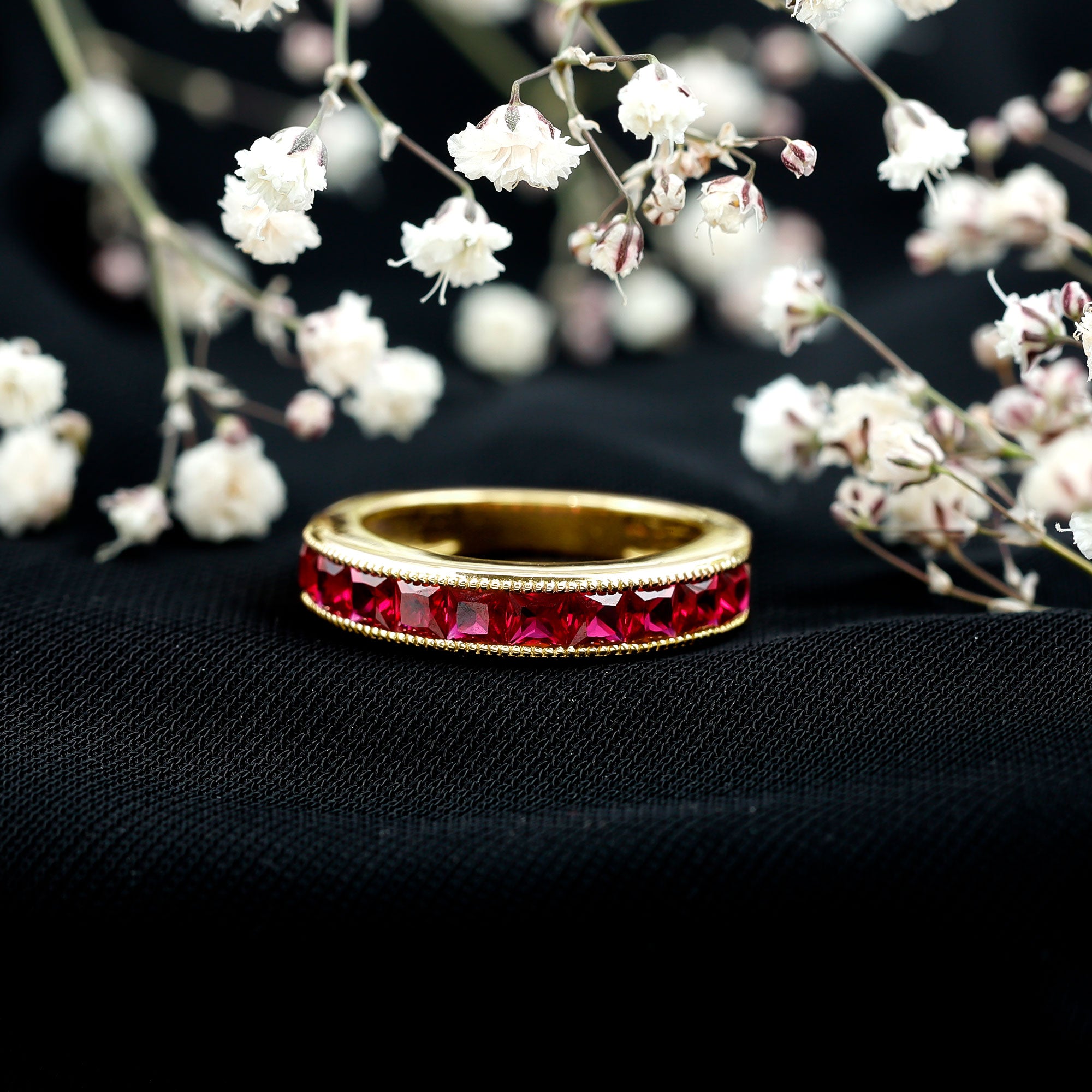 Channel Set Lab Grown Ruby Princess Cut Eternity Band with Milgrain AAAA - Rosec Jewels