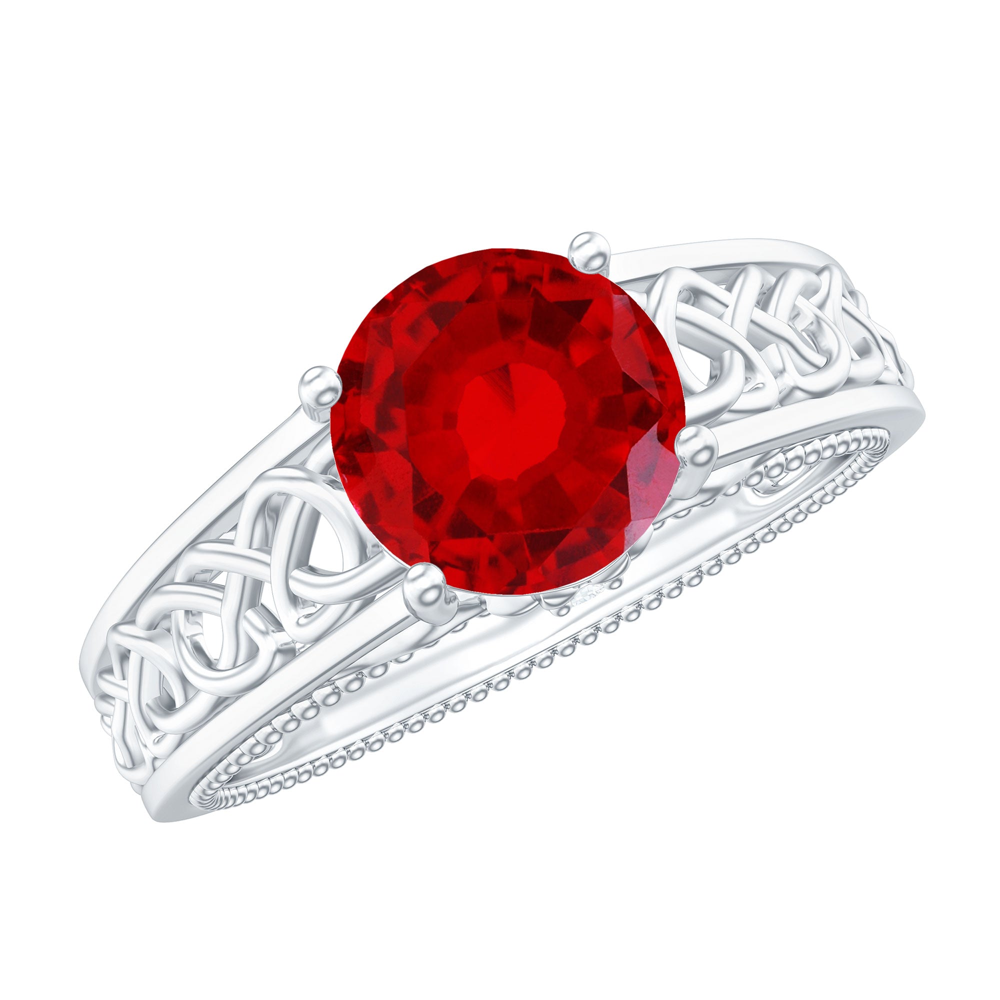 Rosec Jewels-Vintage Style Created Ruby Celtic Knot Band Ring with Surprise Diamond