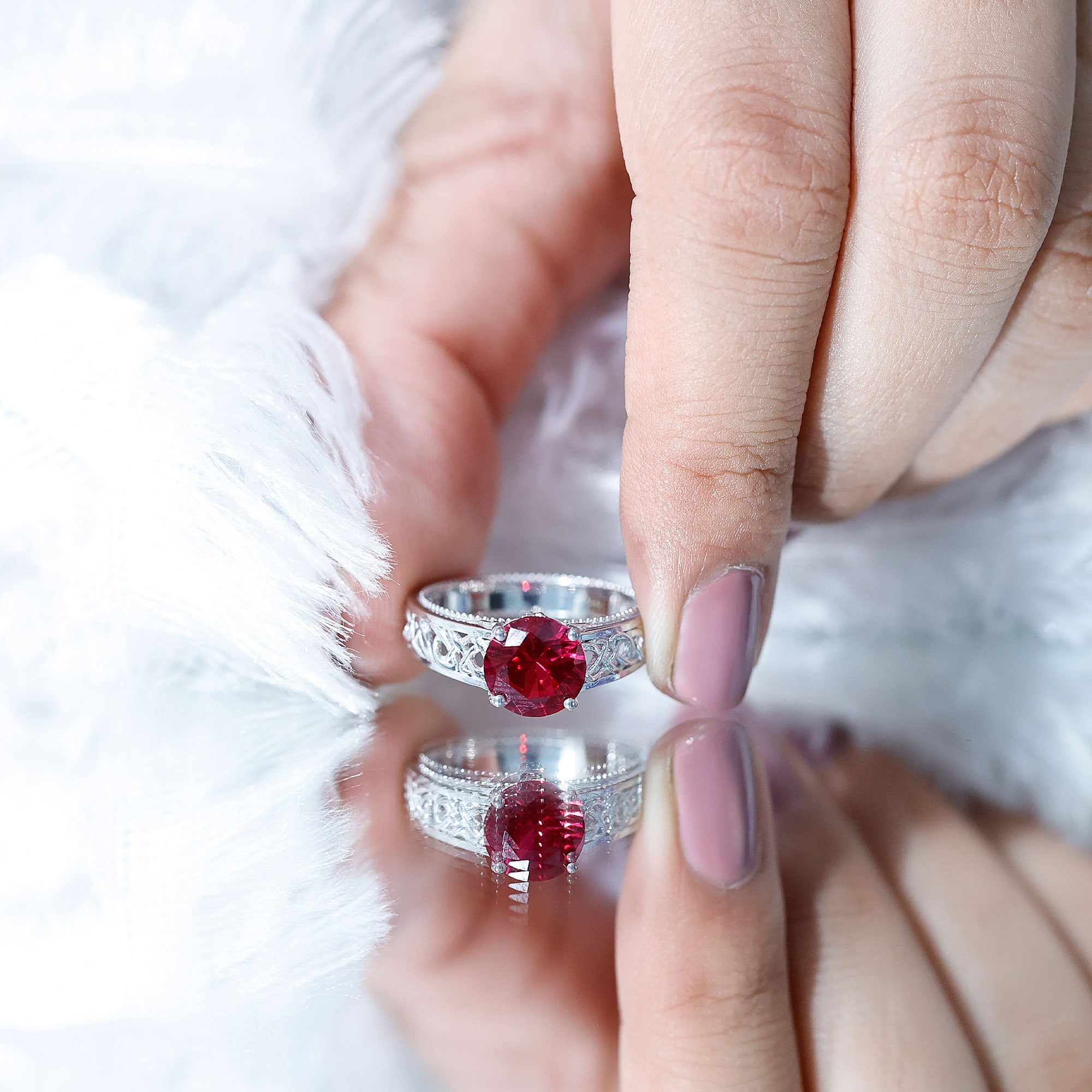 Vintage Style Created Ruby Celtic Knot Band Ring with Surprise Diamond AAAA - Rosec Jewels